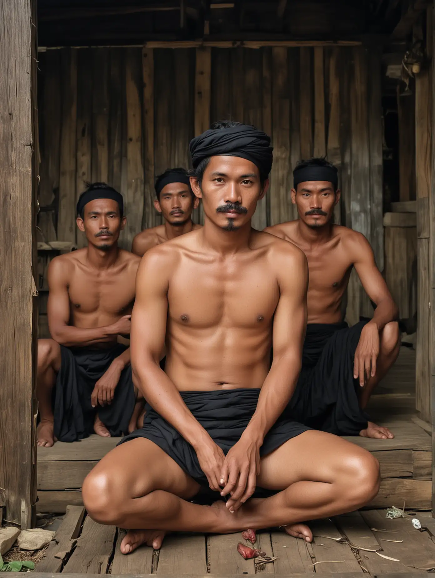 Indonesian Man with Bodyguards in Ancient Wooden House | AI Image Generator