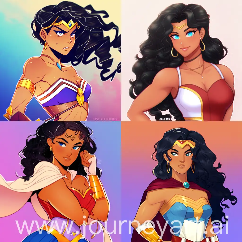 Boy version tanned combination of Wonder Woman + Nico Robin from One Piece with curly hair