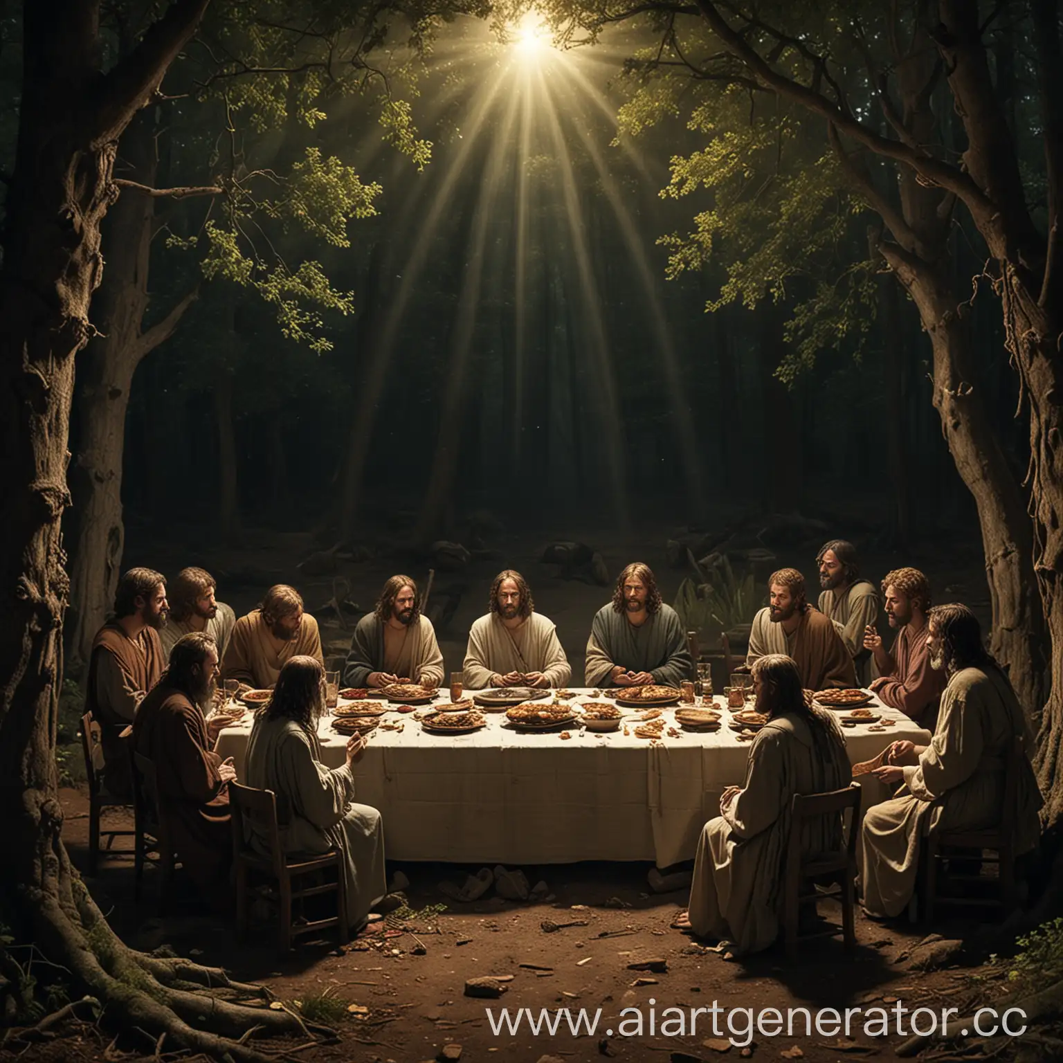 тайная вечере, но апостолы слепые и иисус сидит мертвый. в лесу темно