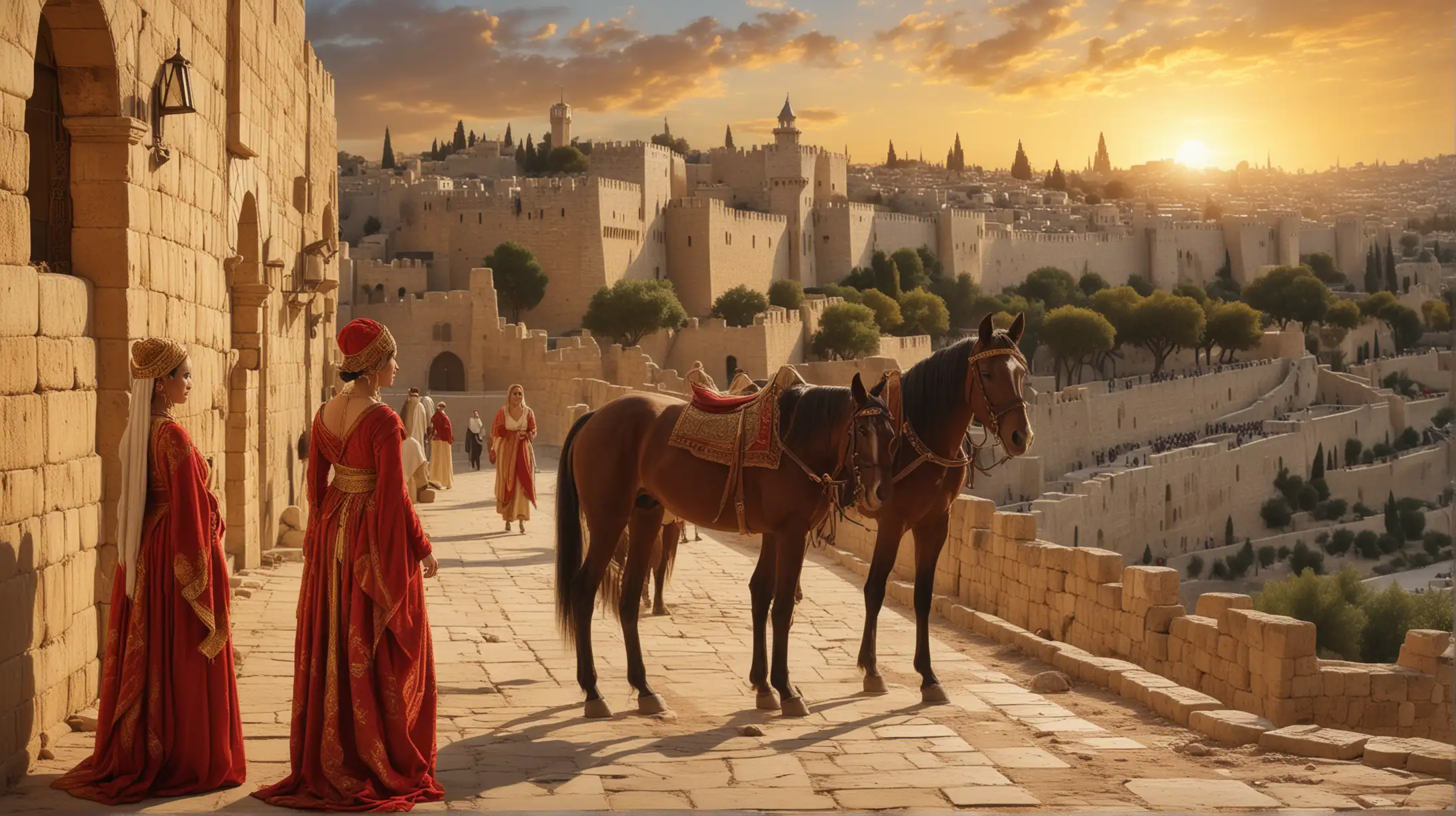 The queen of Sheba and her suite gaze at city wall of Jerusalem, horses richly attired , red and gold, full figure, daybreak light, very realistic, panoramic view 