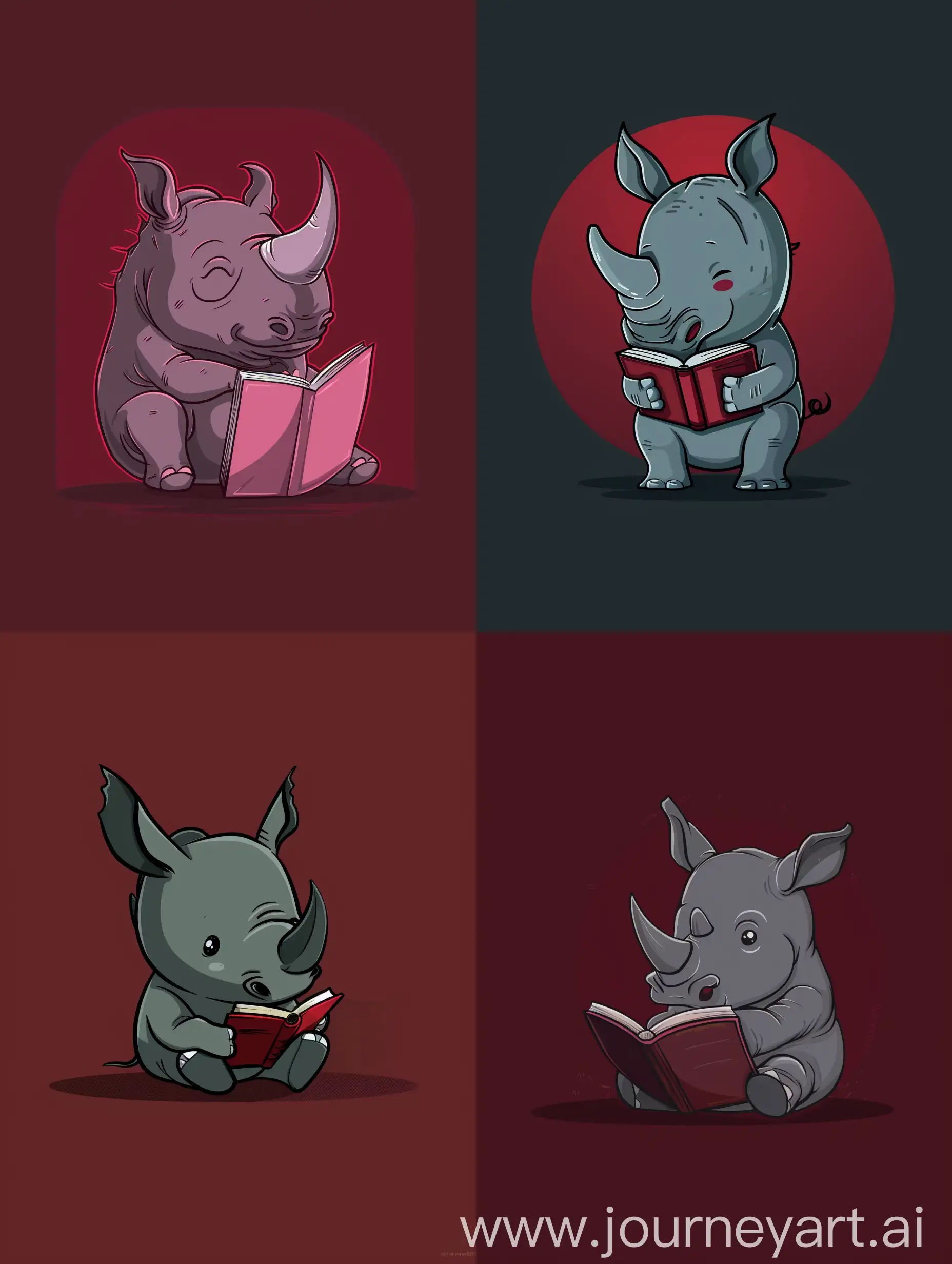thin line style chibi cute rhino reading a book, with solid dark red background, small object and center concentrated image, far view point