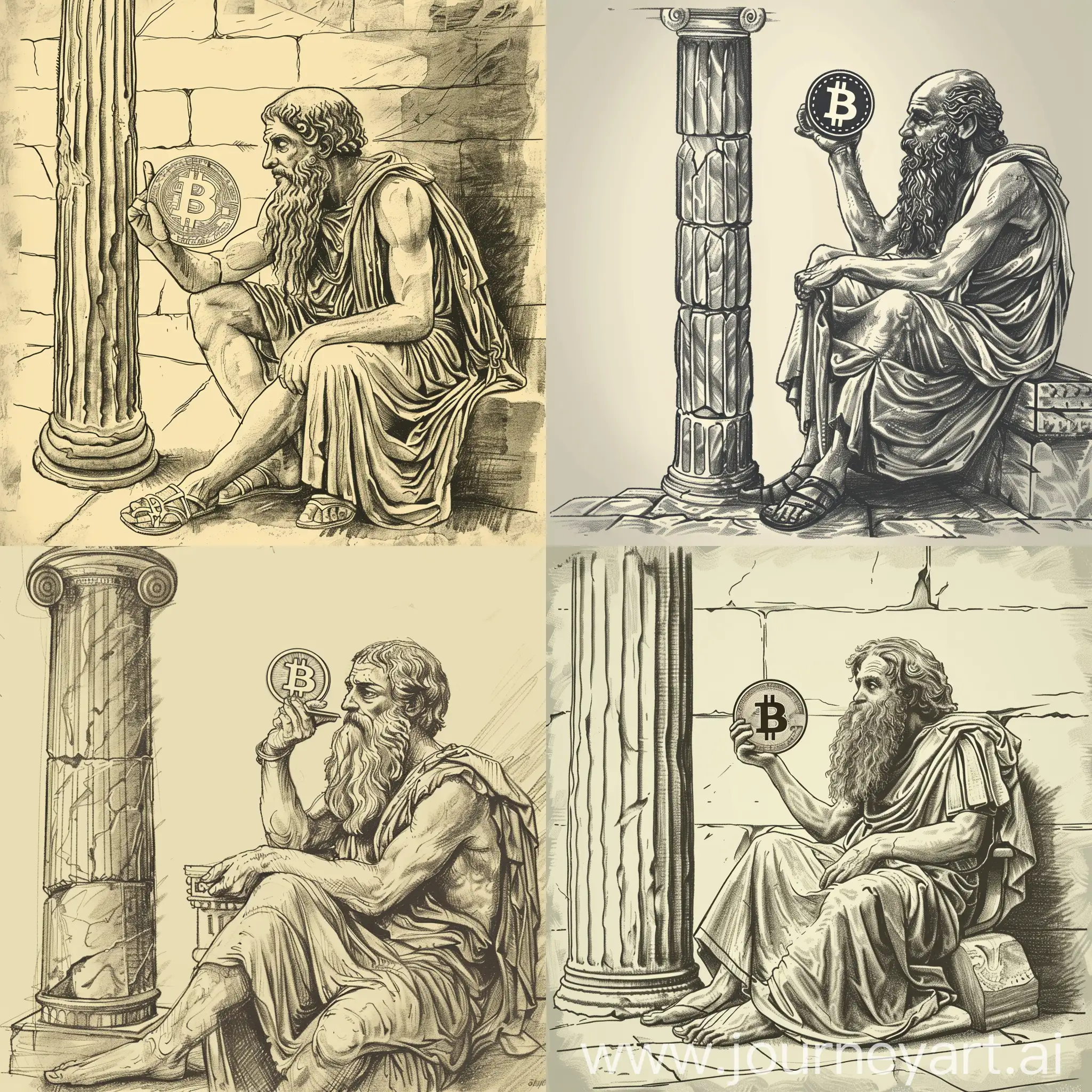 a sketch of Greek philosopher with a long beard sitting near a Greek column thinking and holding a bitcoin symbol in his hand
