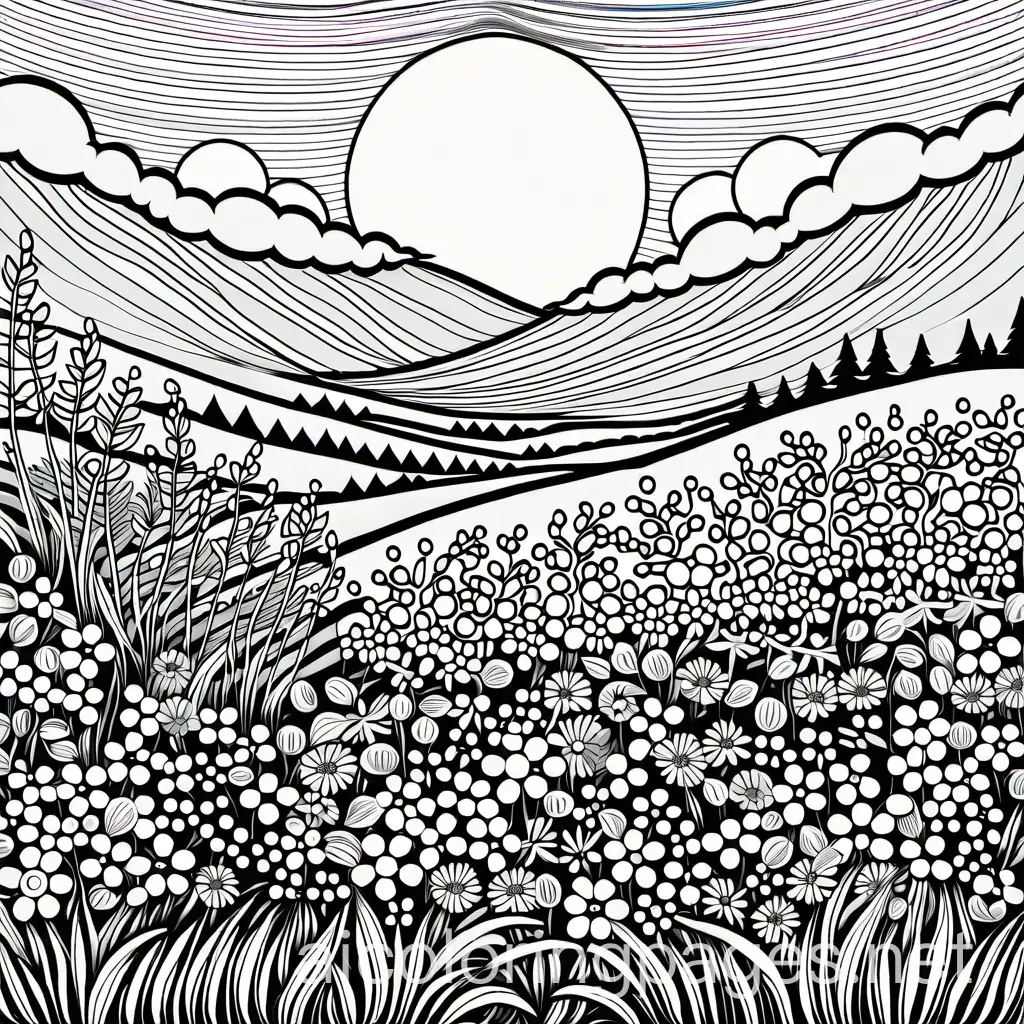 field of wild flowers and a sunset, Coloring Page, black and white, line art, white background, Simplicity, Ample White Space. The background of the coloring page is plain white to make it easy for young children to color within the lines. The outlines of all the subjects are easy to distinguish, making it simple for kids to color without too much difficulty