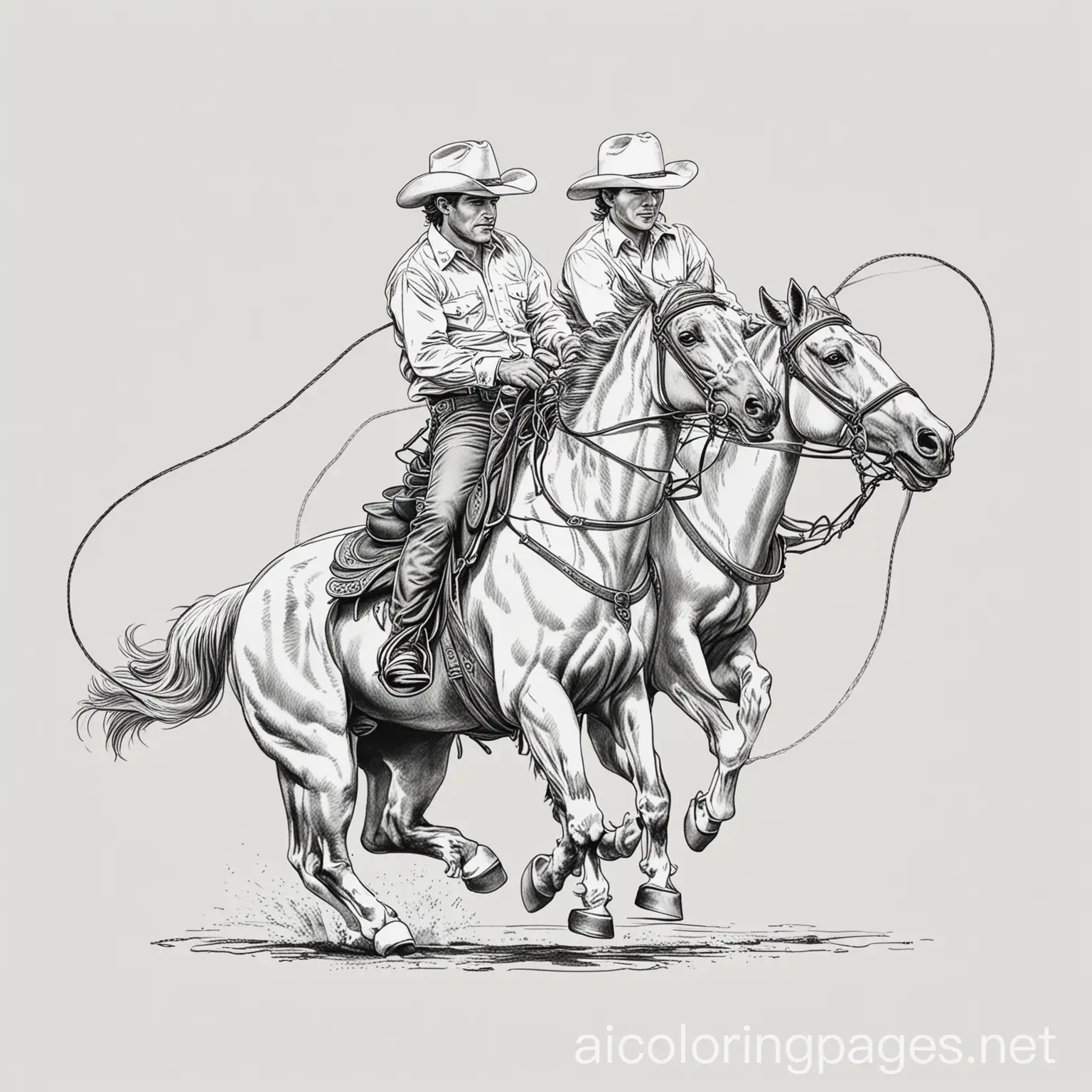 team roping  at rodeo coloring page, Coloring Page, black and white, line art, white background, Simplicity, Ample White Space. The background of the coloring page is plain white to make it easy for young children to color within the lines. The outlines of all the subjects are easy to distinguish, making it simple for kids to color without too much difficulty