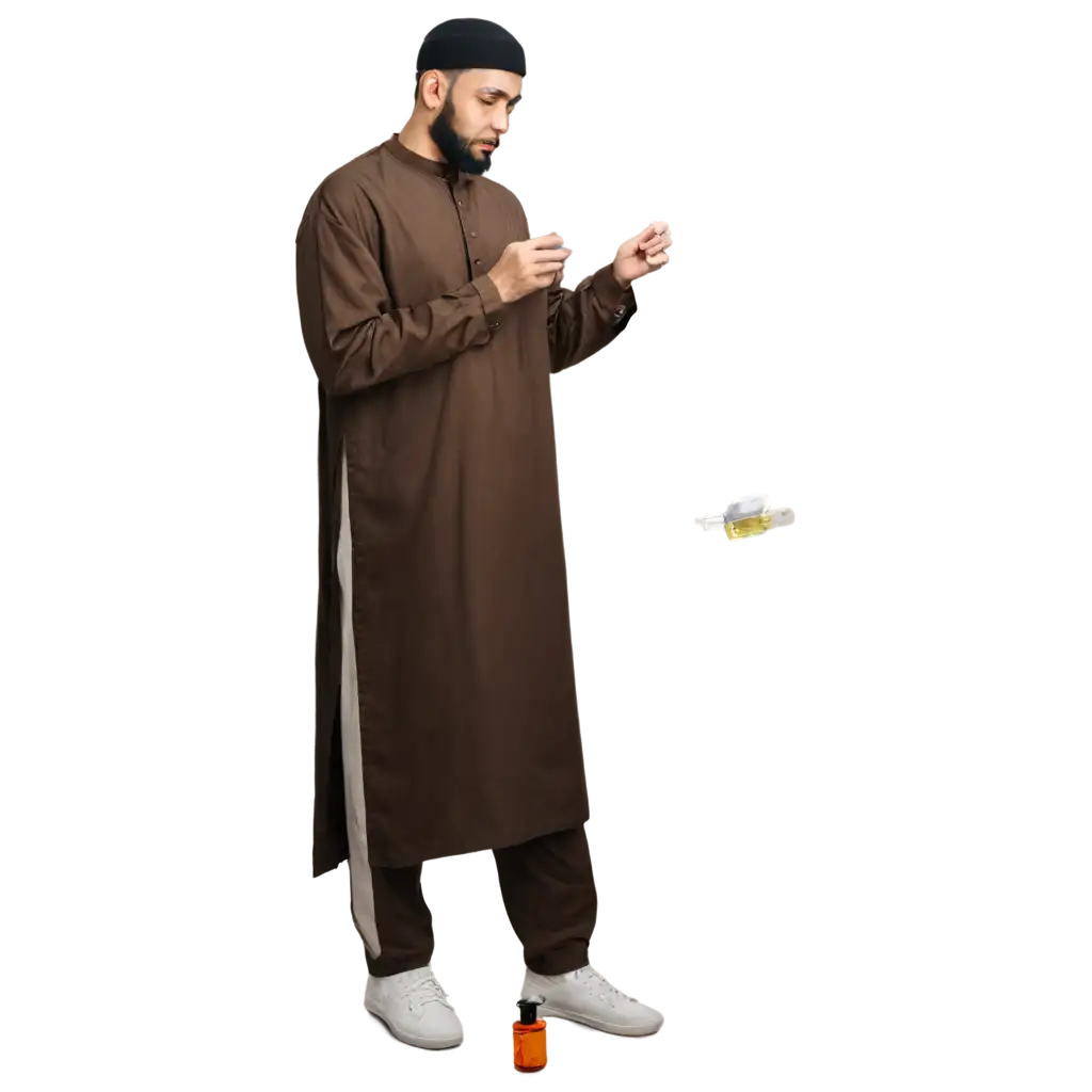 seorang muslim bersiap siap memakai minyak wangi sedang berdiri