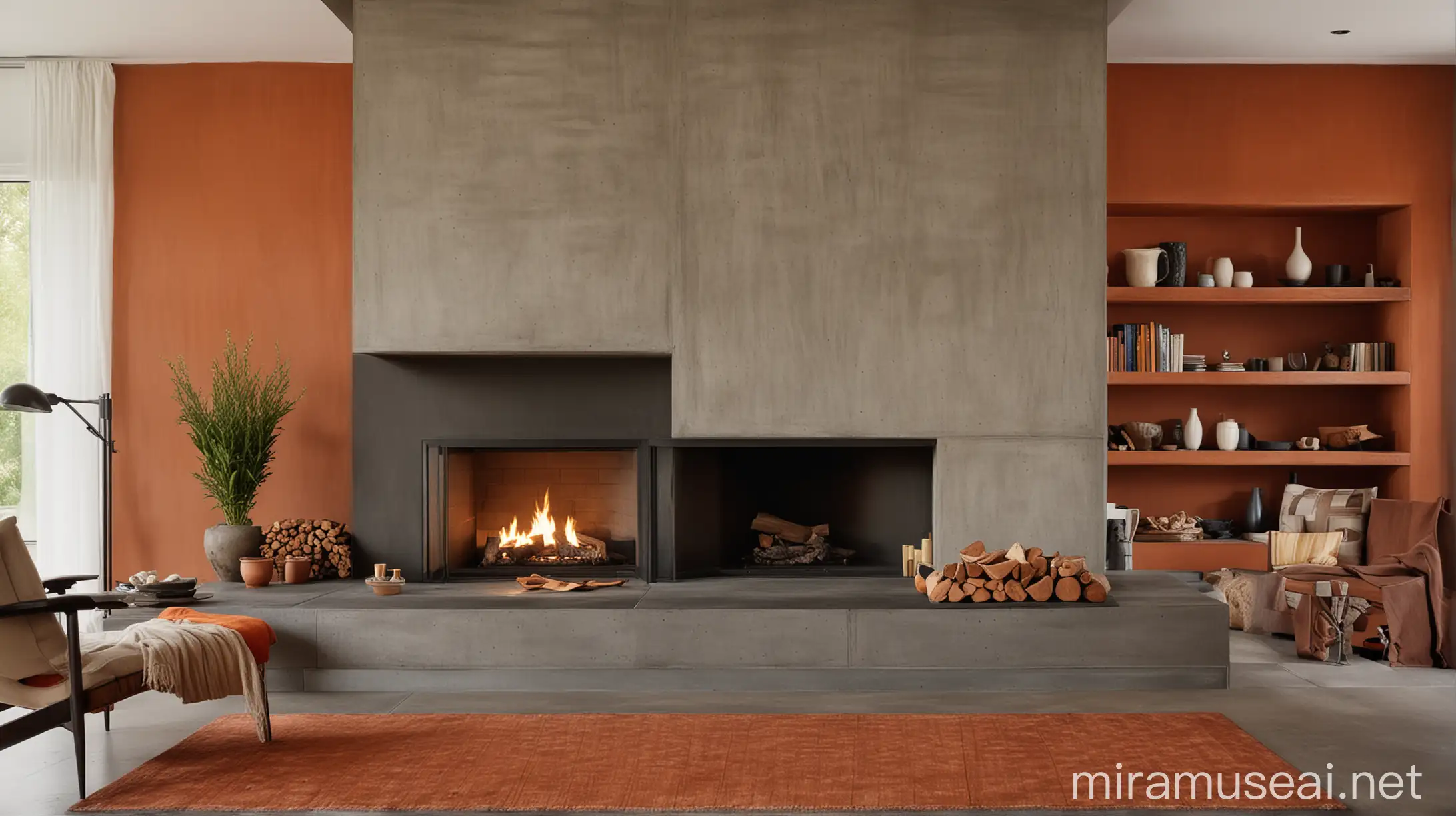 a modern fireplace with a floating hearth made of wood and concrete. The fireplace is the focal point of the room, with warm, inviting colors like terracotta and burnt orange. The camera angle is slightly tilted, looking up at the hearth, emphasizing its unique design.