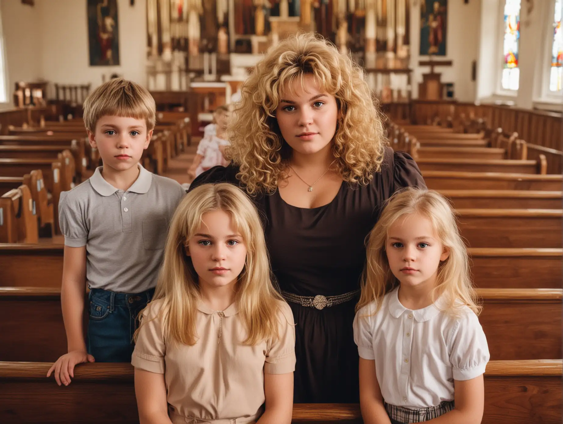 Church Scene Candid Snapshot of Mother and Children 80s Style