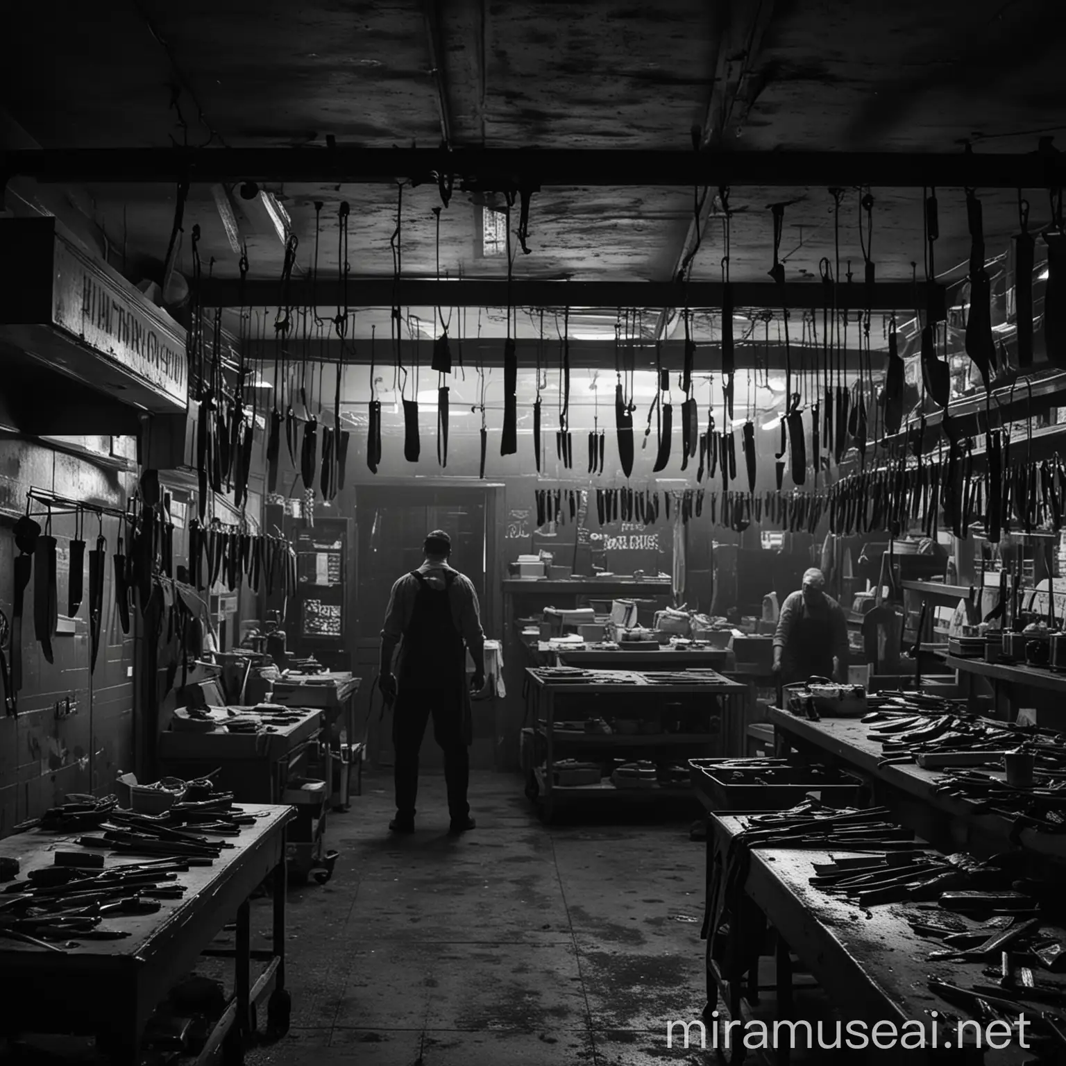 inside a film noir horror film in a butcher shop with knives, axes, and meathooks hanging from the ceiling of the butcher shop. the butcher shop is dark, cold and industrial with sharp objects everywhere. the butcher shop is scary