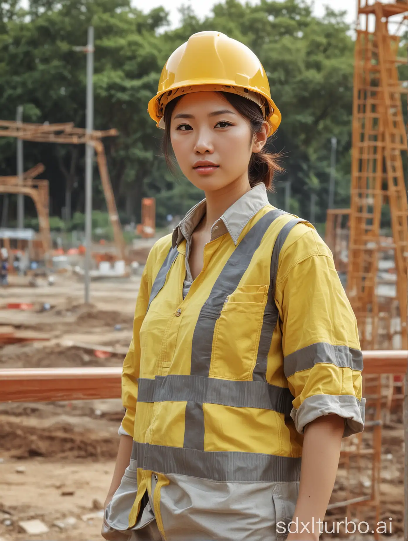 工地施工工人的中景别，背景是公园工地现场，人物必须佩戴安全帽，穿着安全工服，包含一位黄皮肤的亚洲人全身像
