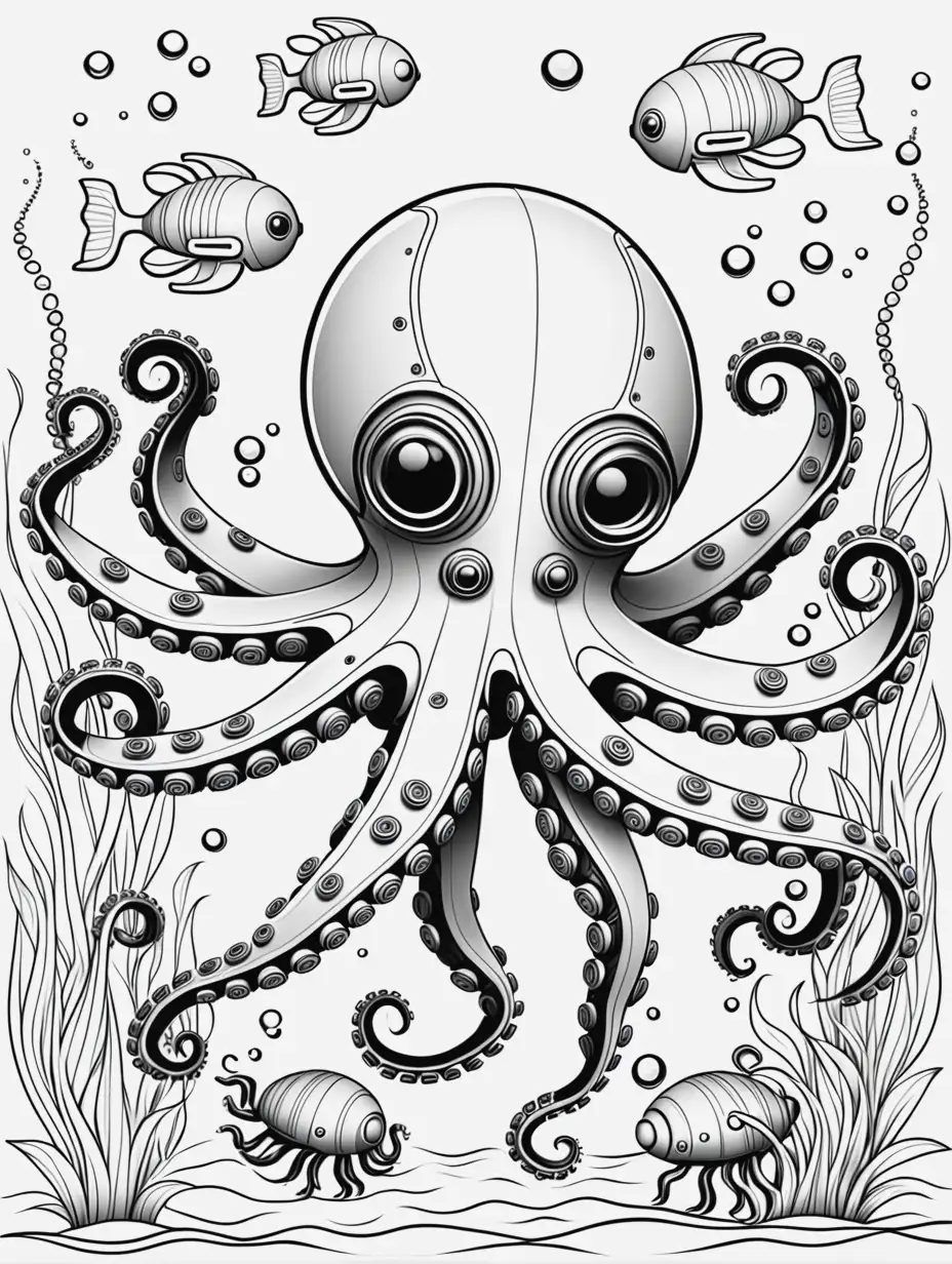Coloring Book Swimming Robot Octopus