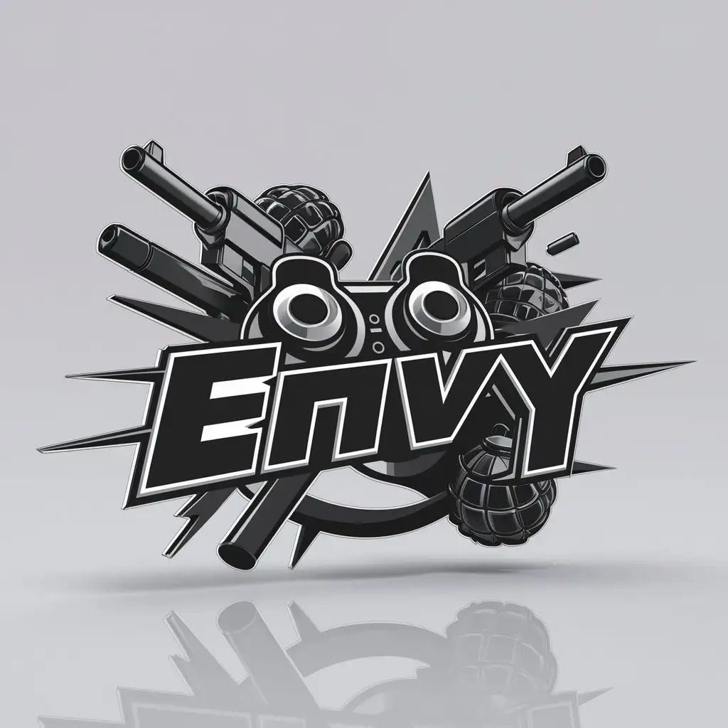 a logo design,with the text "ENVY", main symbol:Play Station Joystick, kanchenjunga guns & grenades,complex,clear background