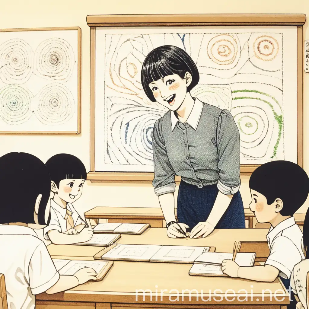 Teacher teaching in a Montessori classroom while smiling. Junji ito art style