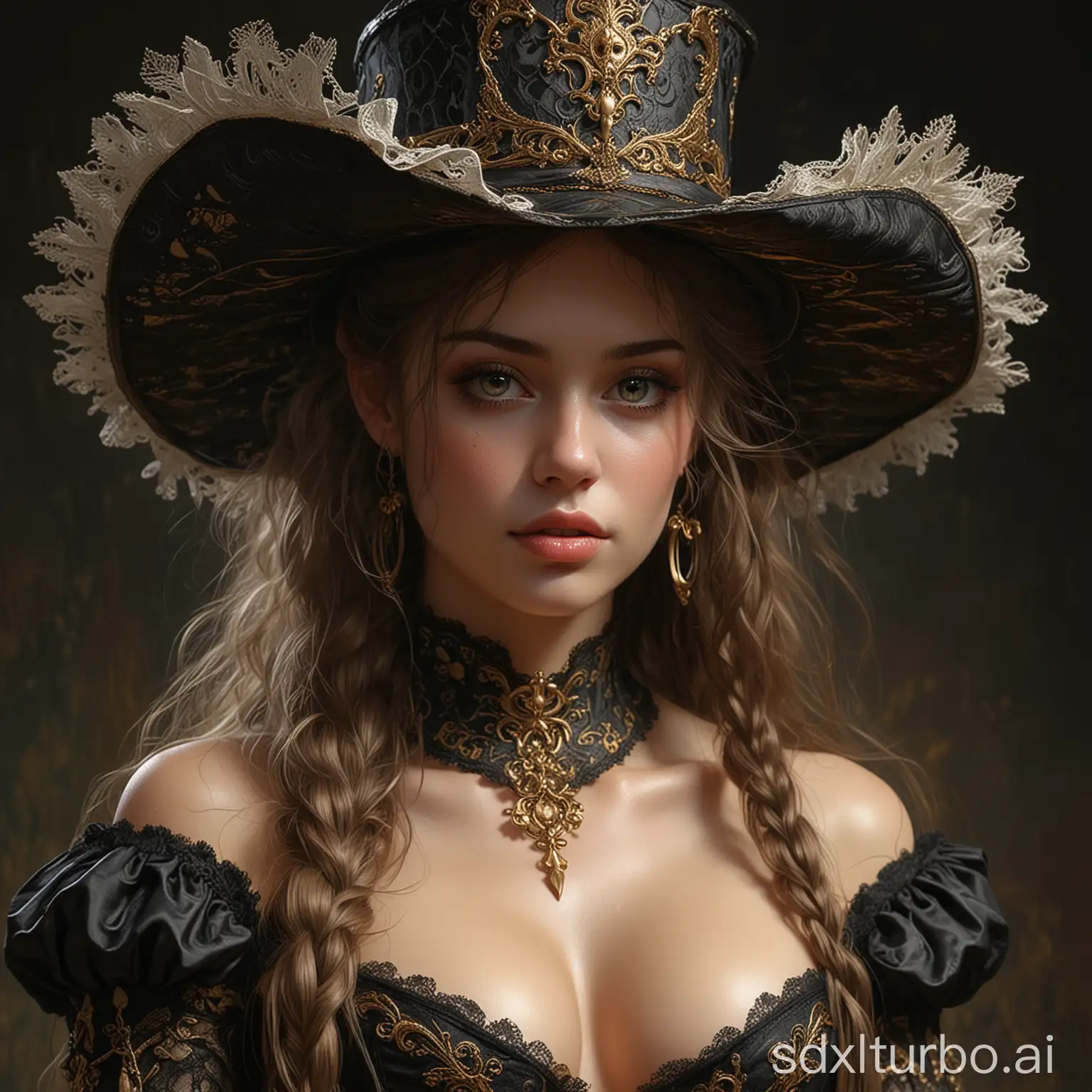 Hyperrealistic digital painting of a beautiful girl, reflections in very detailed eyes, looking at the viewer, long hair, large braid on the shoulder, hat, black and gold lace corset in a surreal and fantasy setting, combining the artistic styles of Jose Royo, Boris Vallejo, Julie Bell, Carne Griffiths and Brian Froud, accurate anatomy, with symmetrical centered composition, volumetric lighting, rays, bright color highlights, high contrast