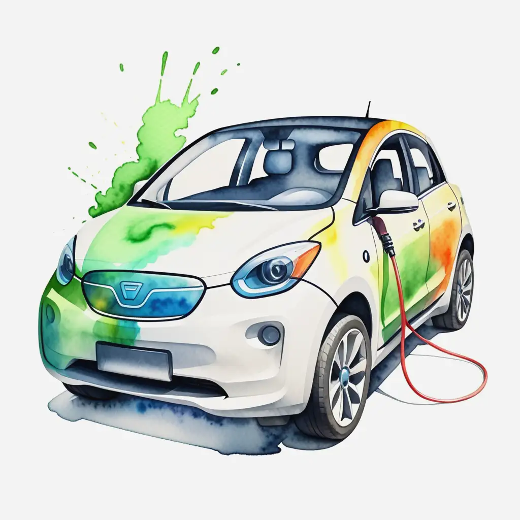 Electric Car in Watercolor Style on White Background