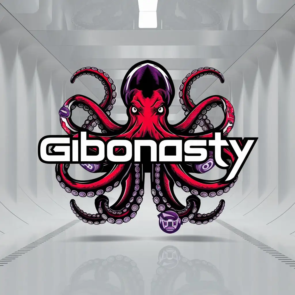 a logo design,with the text "Gibonasty", main symbol:octopus,gaming,red,black, purple,complex,clear background