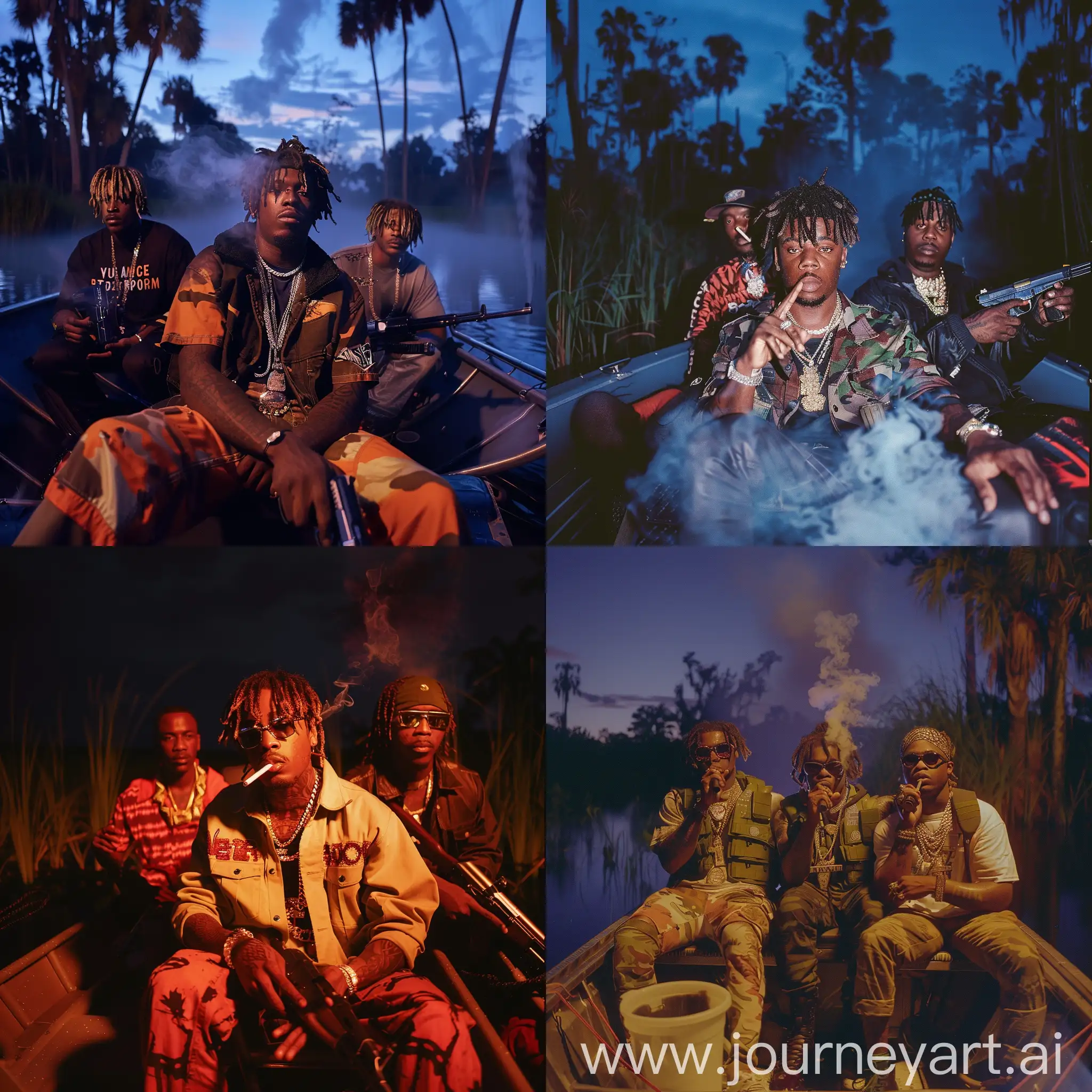 a Photograph of juice wrld on a air boat,in the florida everglades at night smoking with two other rappers homding guns