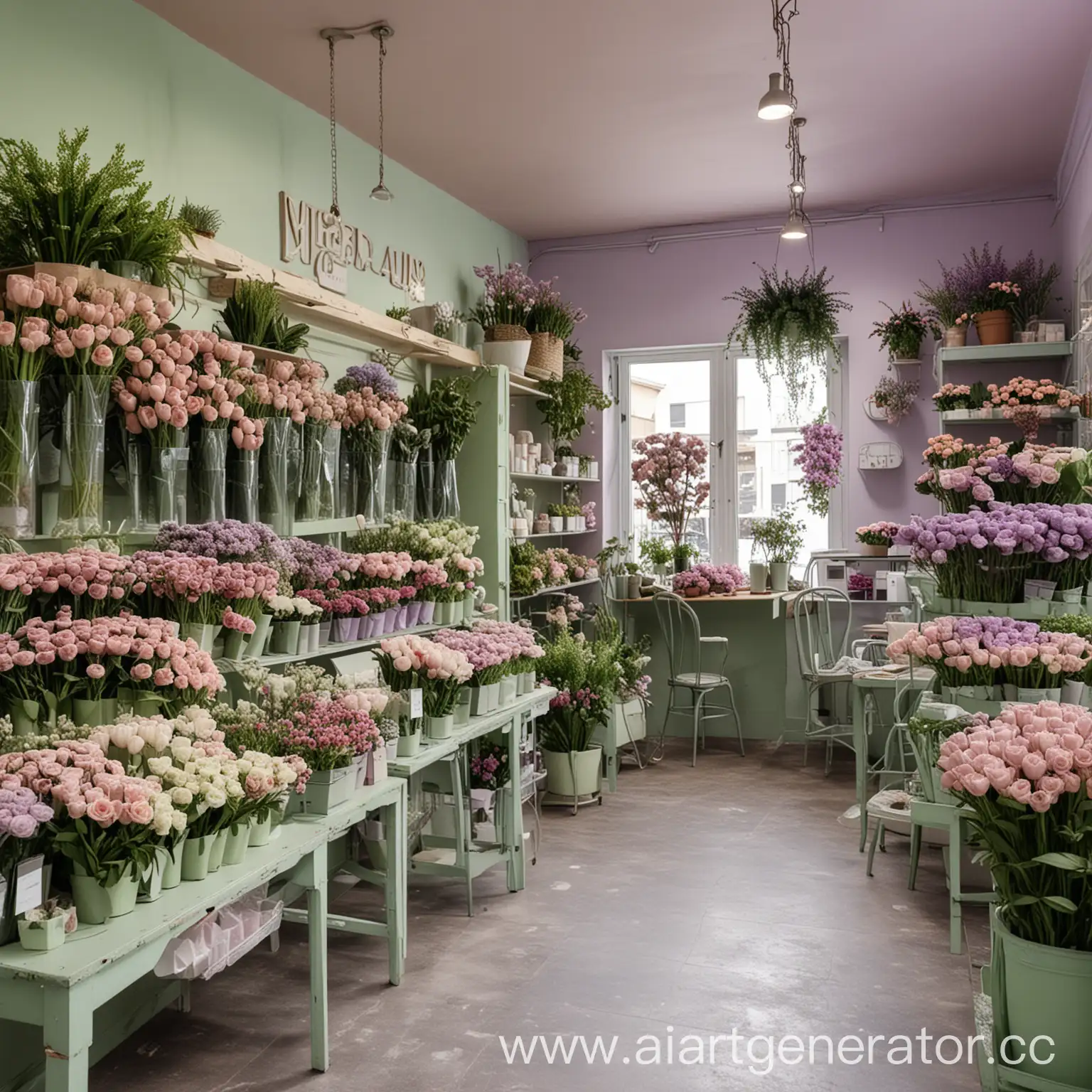 Интерьер цветочного магазина в нежных оттенках зеленого и светло-фиолетового цветов