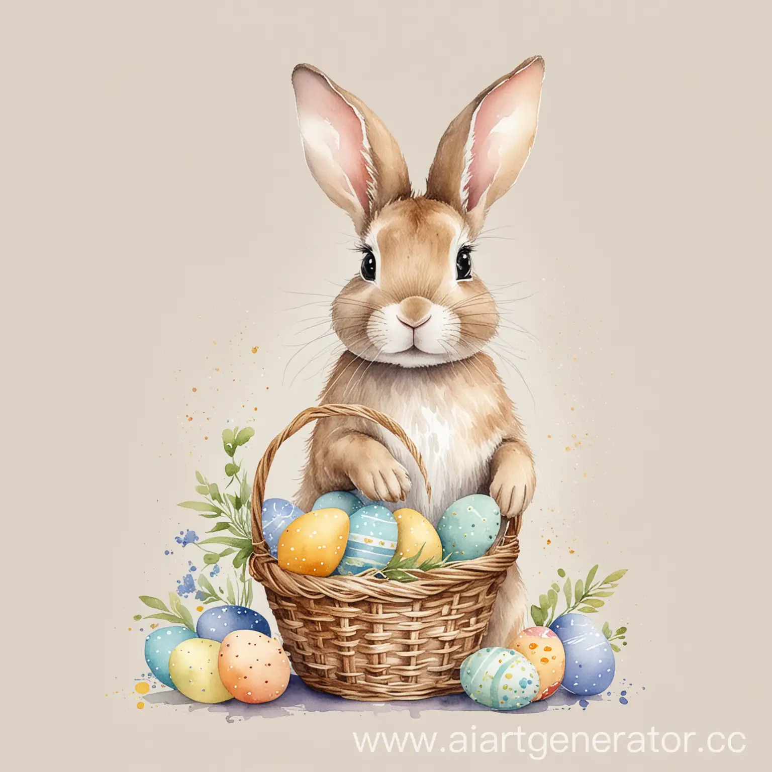 watercolor rabbit with an Easter basket on white background