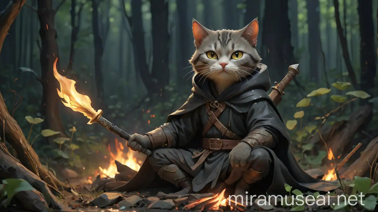 Cloaked Cat Warrior Meditating by Forest Bonfire at Night in Rain