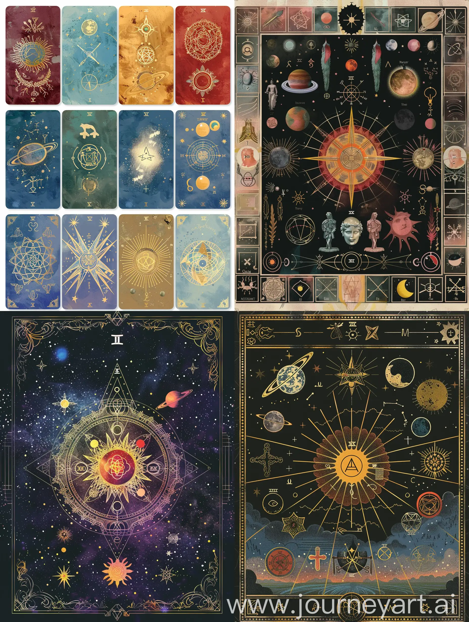 write a cover for tarot cards on which to display the symbols of planets, zadiac signs, chakras, elements