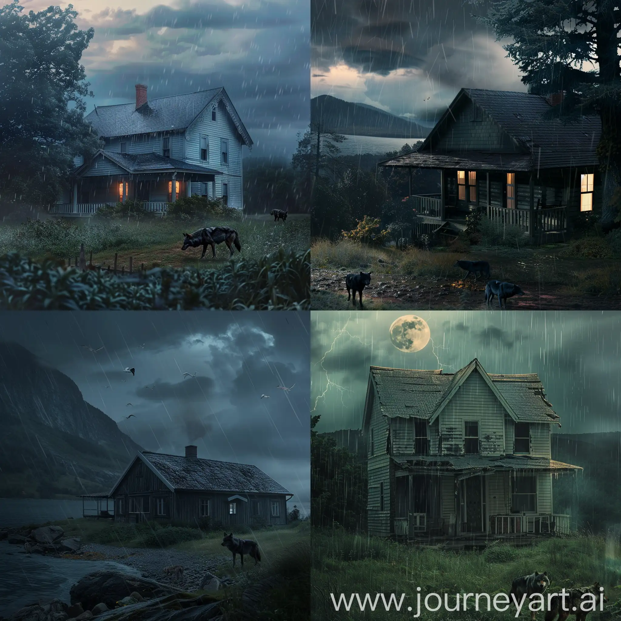raw photo of an isolated house, midnight, raining, wolfs, beautiful scenery, minimal light