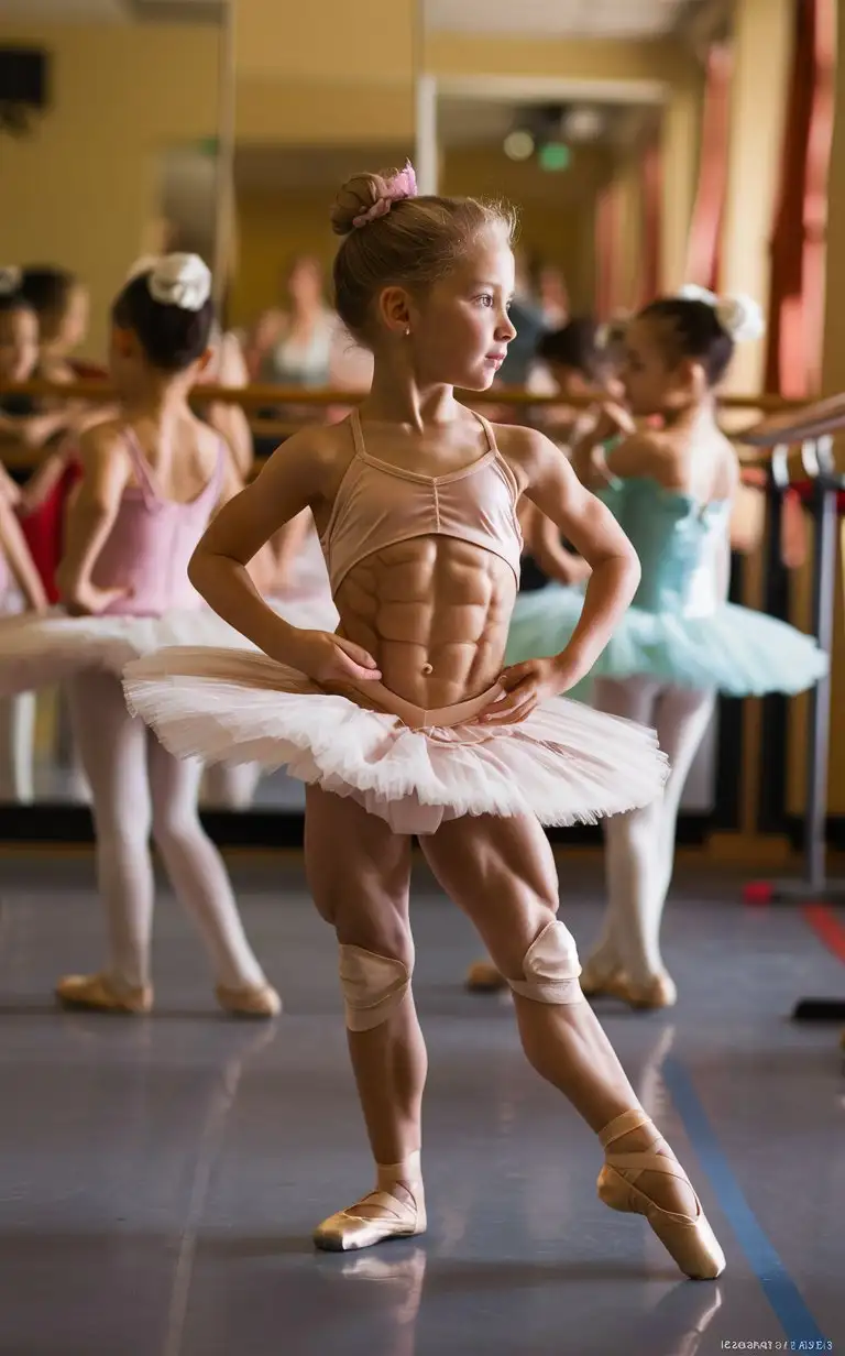 6 years old french ballerina, muscular abs, at ballet class, framed from head to knee