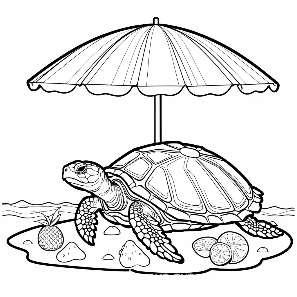 A sea turtle lounging under a beach umbrella, enjoying a tropical fruit salad., Coloring Page, black and white, line art, white background, Simplicity, Ample White Space. The background of the coloring page is plain white to make it easy for young children to color within the lines. The outlines of all the subjects are easy to distinguish, making it simple for kids to color without too much difficulty