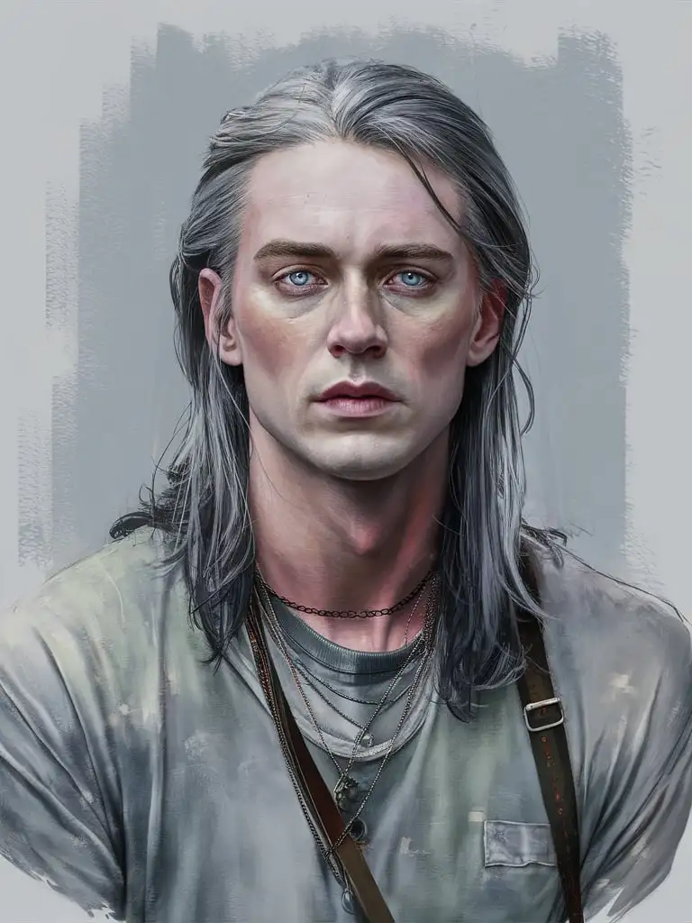 Portrait of Handsome Young Man with Intense BlueGreen Eyes and Long Grey Hair