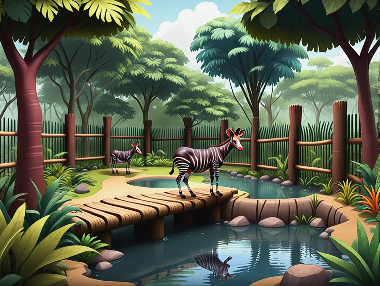 Create a vibrant cartoon okapi zoo enclosure featuring dense rainforest vegetation with tall trees and thick bushes and a fence. Include a shallow pond for drinking, high browsing stations with leaves,  and a variety of colorful plants. Add a shaded area with natural shelters and a few logs and branches scattered around for enrichment
