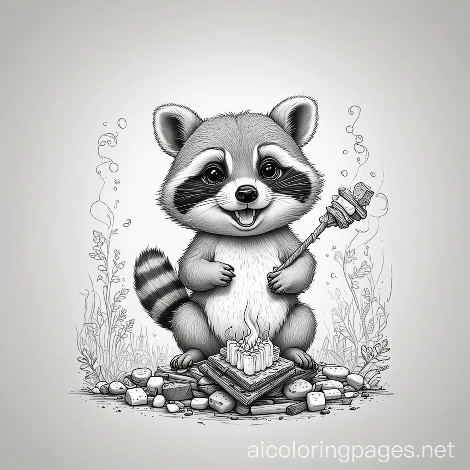 Cheerful-Raccoon-Making-Smores-Printable-Coloring-Page-for-Relaxation