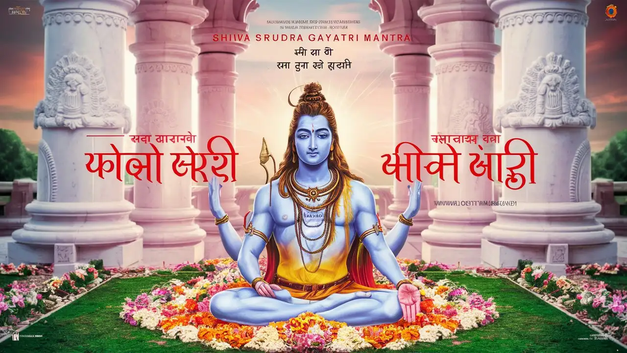 Divine Lord Shiva in Vibrant Temple Garden Shiva Rudra Gayatri Mantra