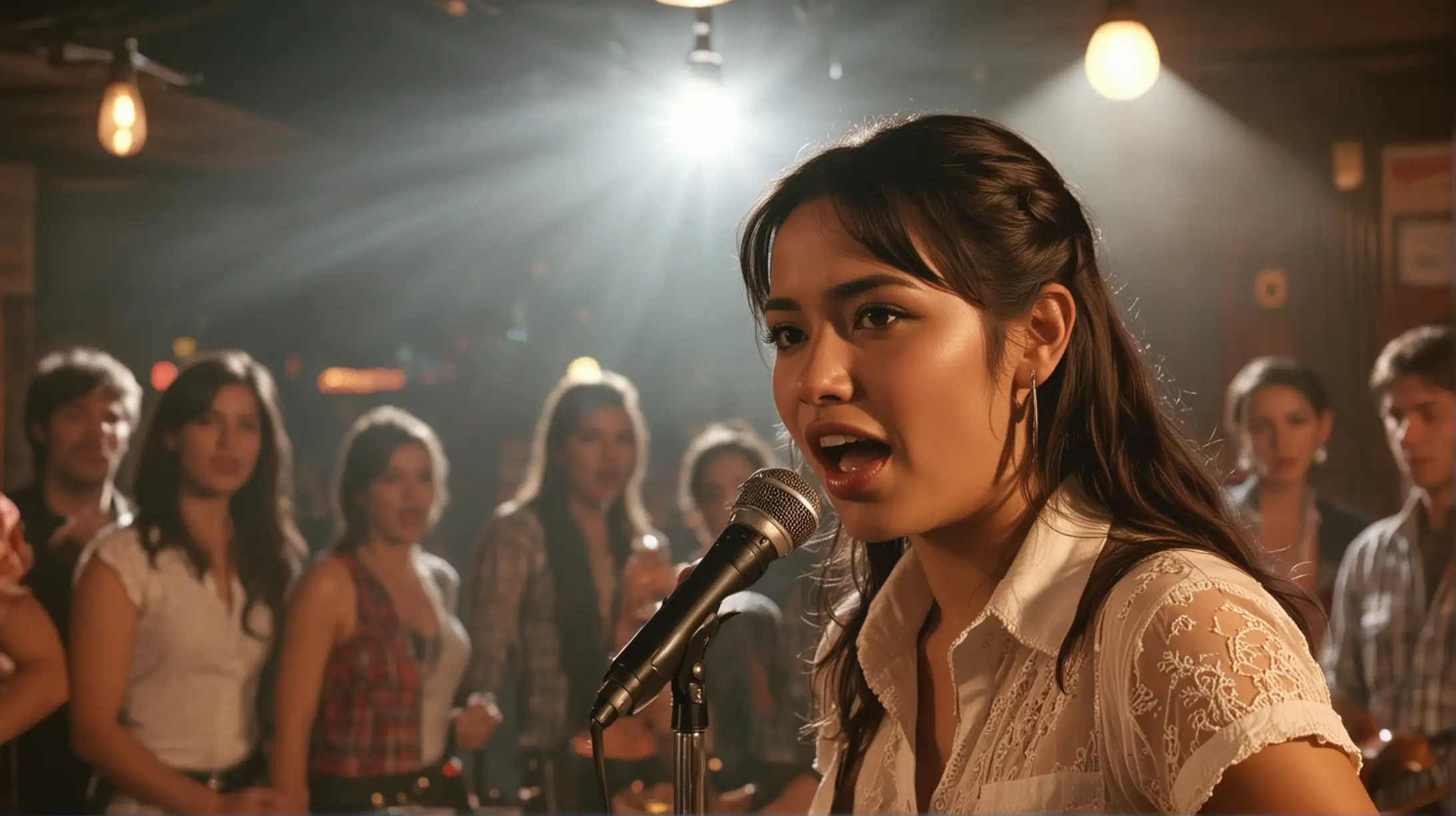 Roadhouse bar, CLOSE UP ONE Mexican girl singing on stage, with spotlight, smokey, mood lighting, bar fight in background, photo realistic, cinematic, 35mm film, 50mm lens
