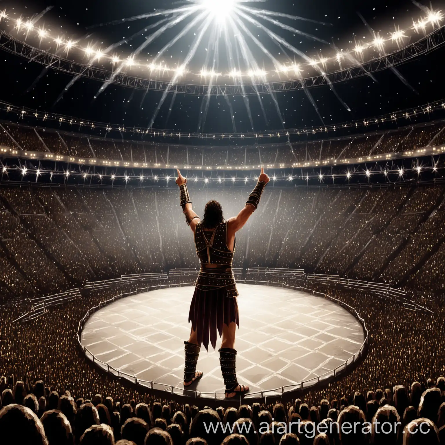 a gladiator  look like rockstar , sing in to the arena , arena end top of the world.