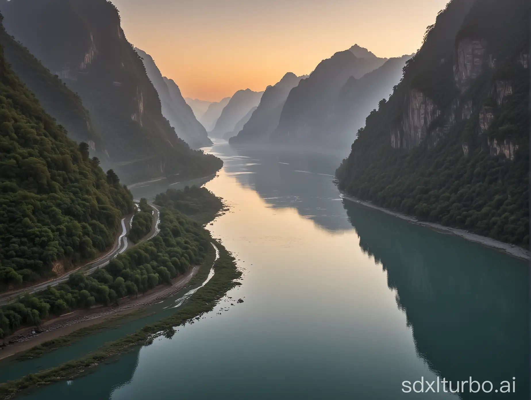 The Nujiang River in the early morning, flowing quietly.