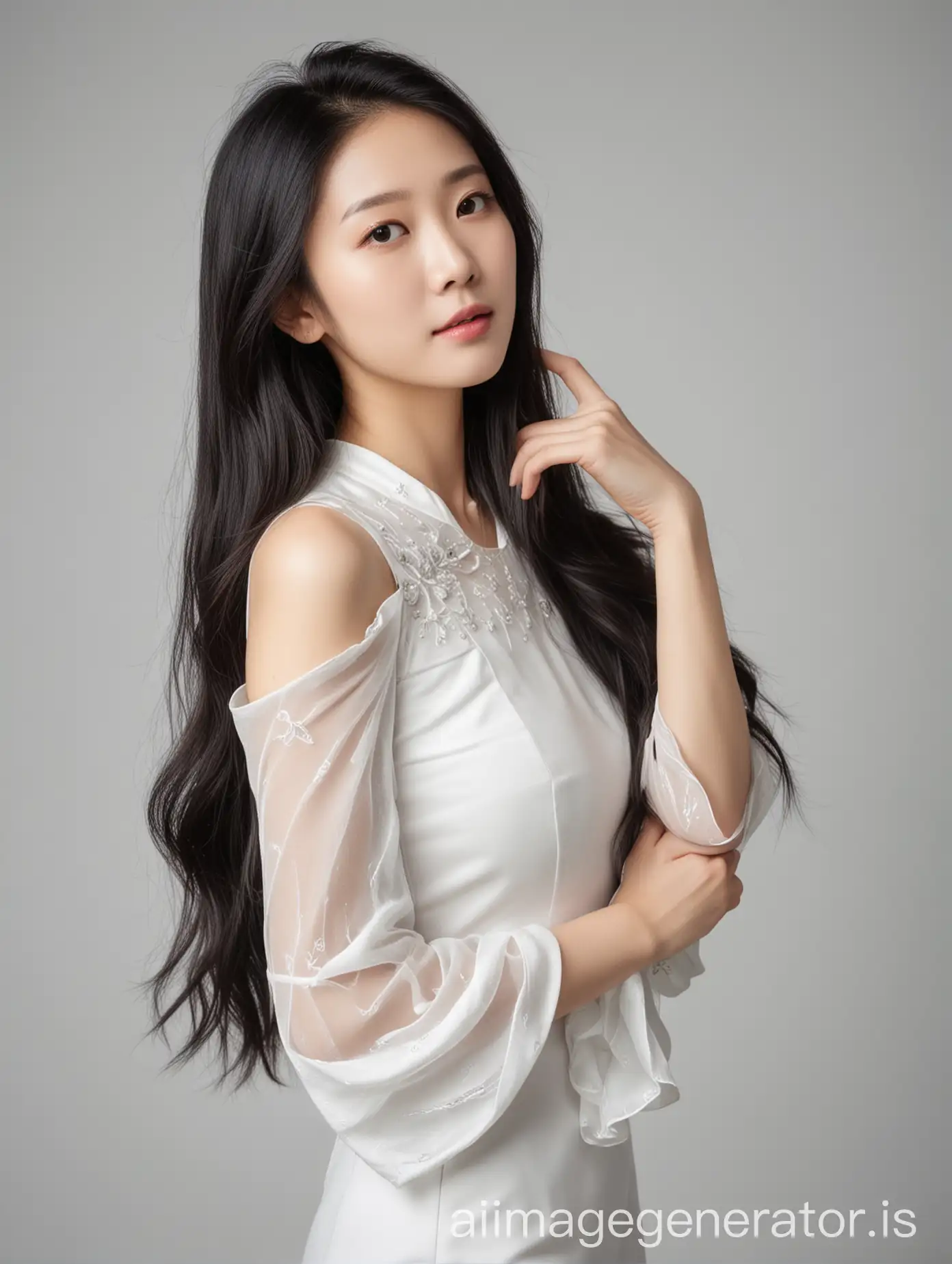 beautiful classy Chinese or korean woman model, dark long hair, wearing an elegant white dress, white background