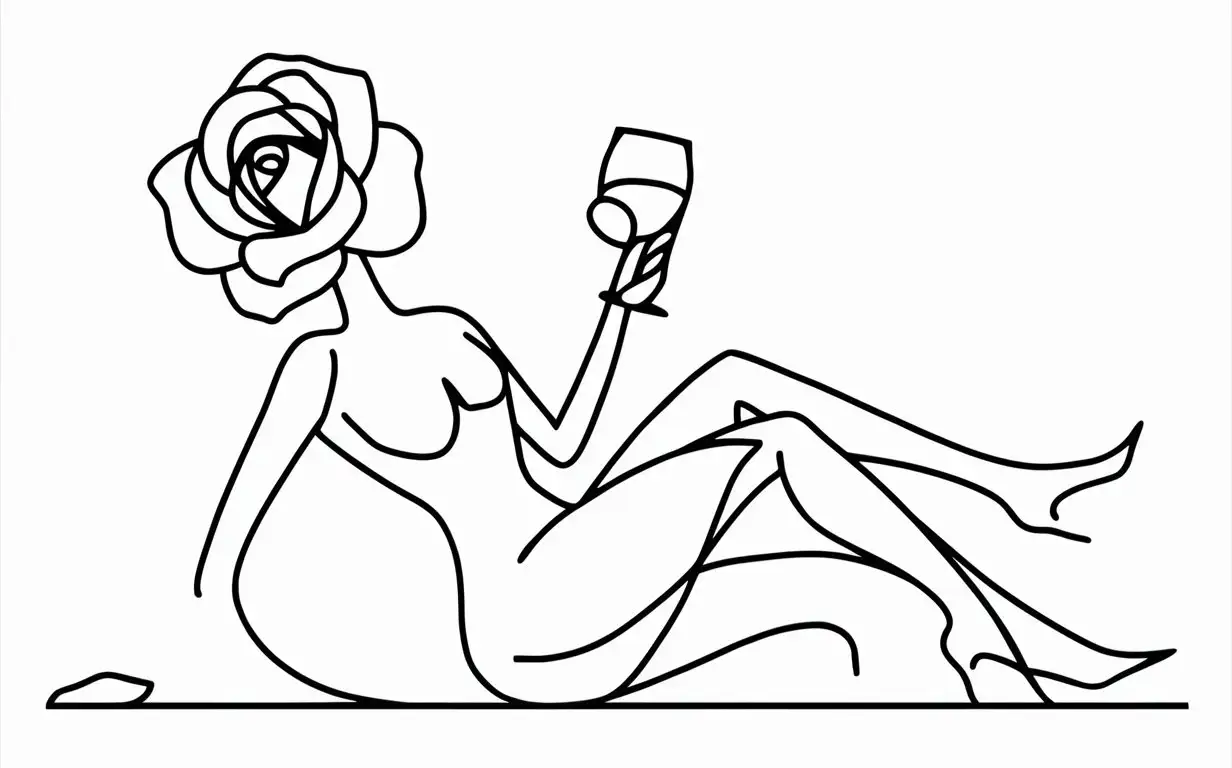 from smudges and shading emerges an abstract figure study, posed, stick figure rose, with a full open blossom, drinking wine, against a white background, in the vector illustrations style with flat design, minimalism, clean lines, at high resolution with high detail