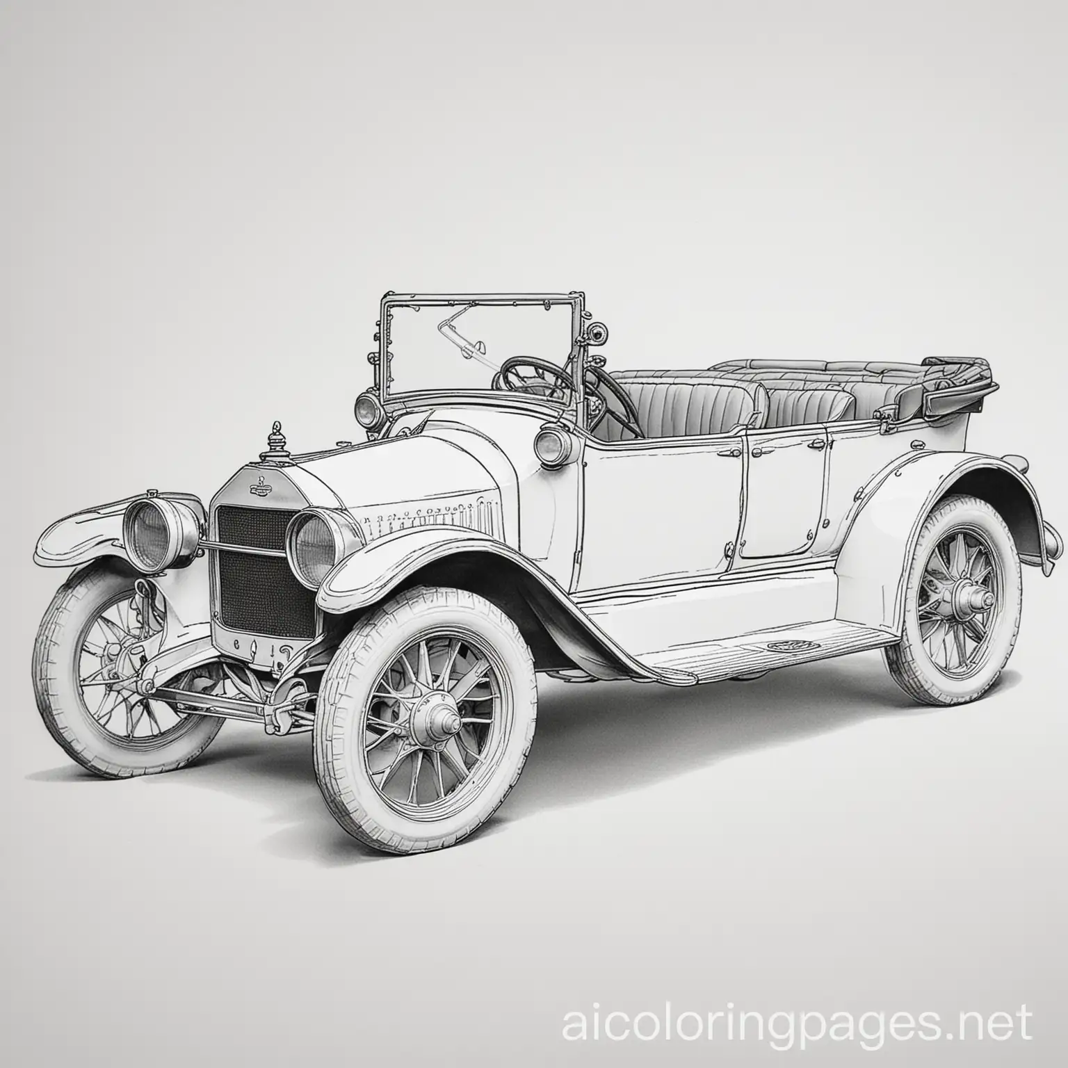 1912 Chevrolet Classic Six coloring page, Coloring Page, black and white, line art, white background, Simplicity, Ample White Space. The background of the coloring page is plain white to make it easy for young children to color within the lines. The outlines of all the subjects are easy to distinguish, making it simple for kids to color without too much difficulty