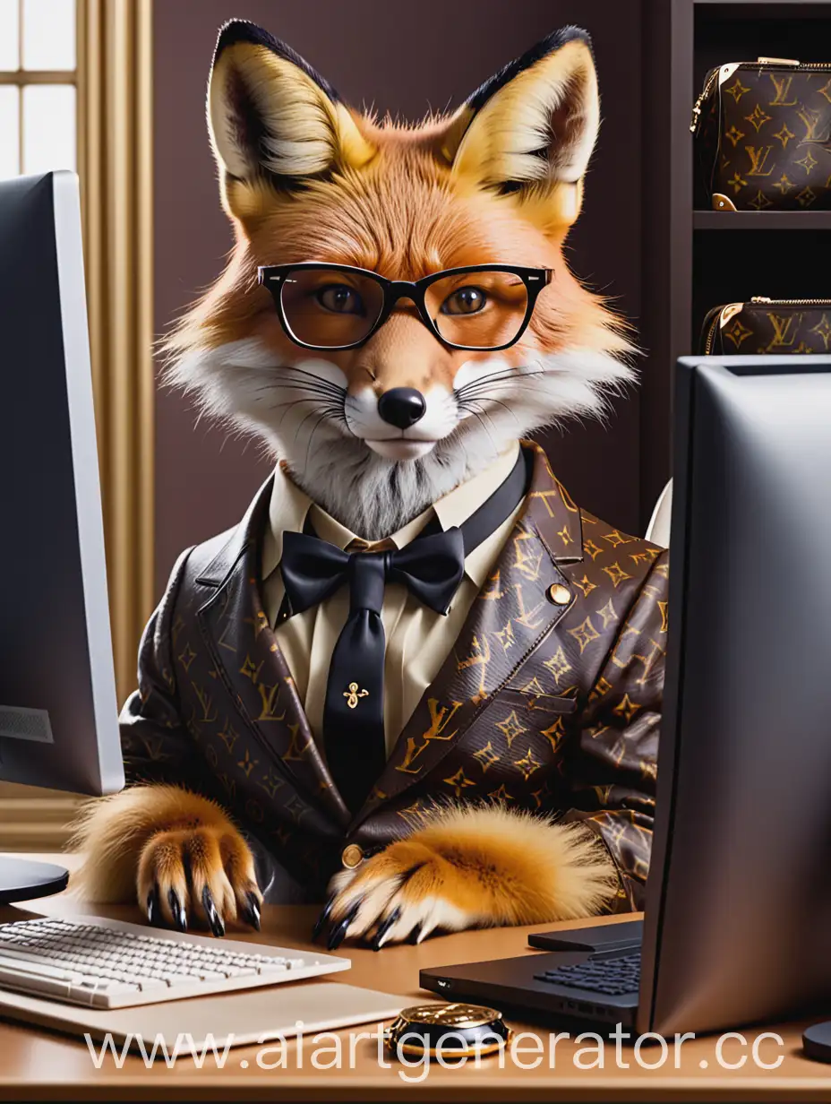 Лисица сидящая за компьютером, на ней одеты очки, она в дорогой одежде Louis Vitton