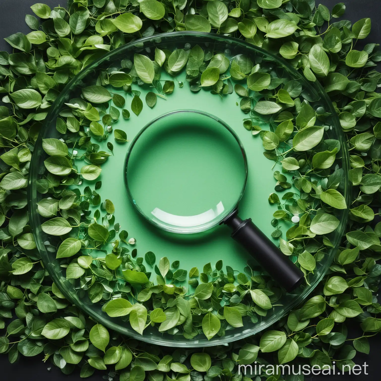 Magnifying glass in the center, test tube next to the magnifying glass, background light green, many small leaves in a circle