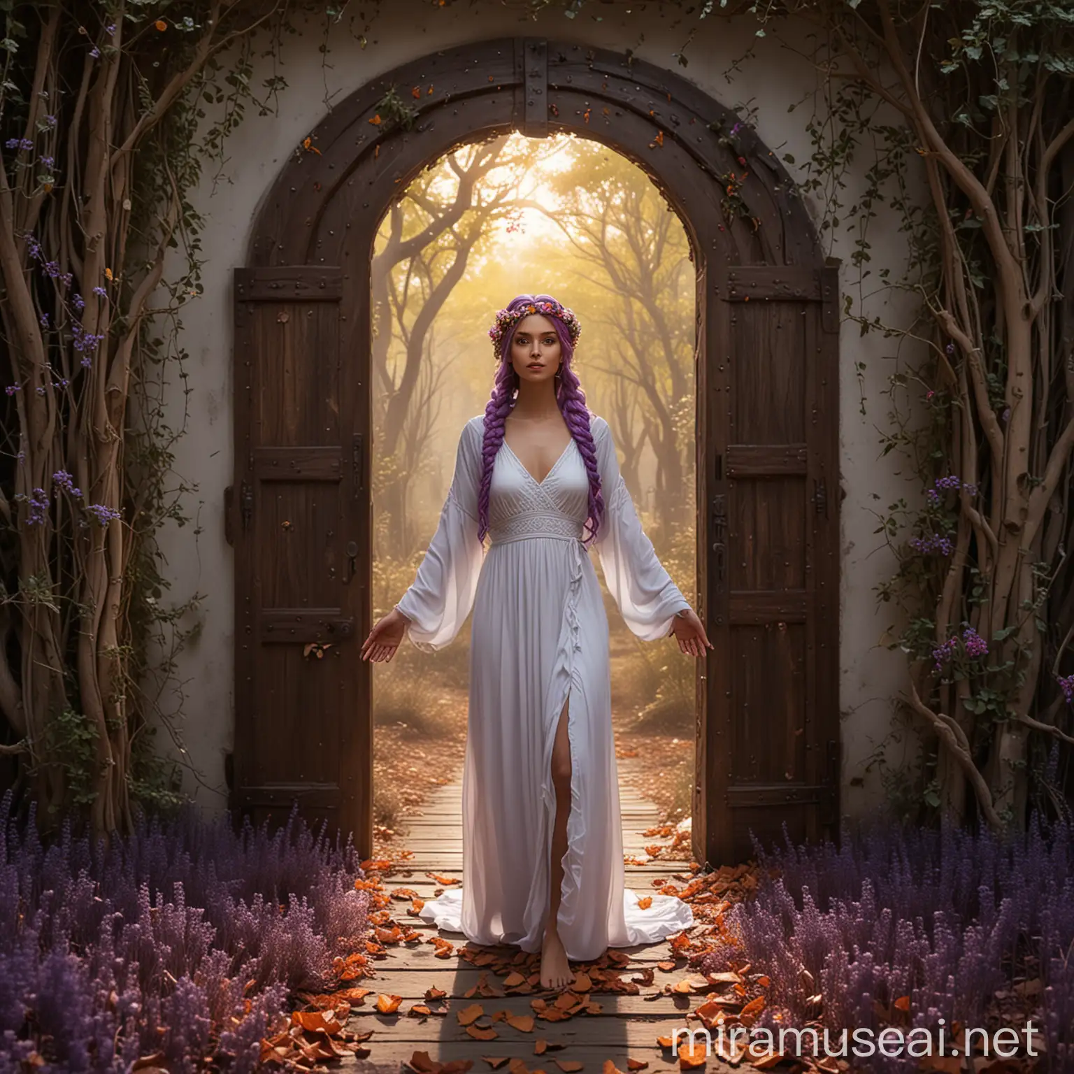 Create a hyper-realistic, 8K image of aN ARAB beautiful woman with colorful hair styled in braids, stands in the center of a wooden door that is engulfed in TWINES LEAVE AND BIG VIOLET AND LAVENDER FLOWERS WITH DIFFERNT SHARE OF ROSE, The door, which appears to be set within a forest, is surrounded by a thick, fiery halo that seems to be consuming the wood, The woman is dressed in a white, FULL sleeve dress and stands barefoot on the ground, her body positioned straight with her arms at her sides, AND HAVE 2 OPEN WINGS ON BOTH THE SIDE OF HER .Her expression is neutral, and she gazes directly at the camera, The surrounding environment is dimly lit, suggesting it might be dusk or dawn, and the forest floor is covered with fallen leaves and twigs, The overall atmosphere is eerie and otherworldly