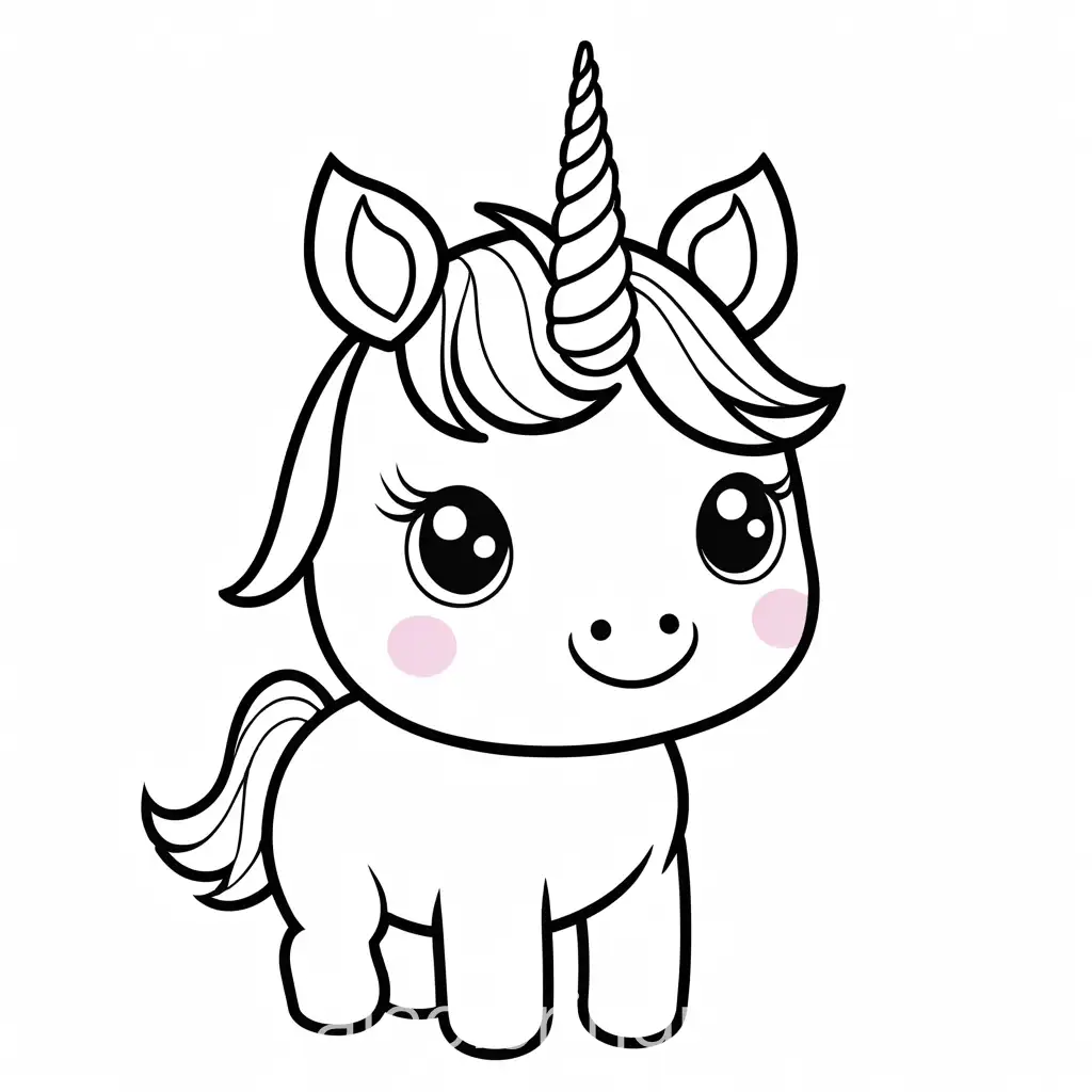 make a cute simple kawaii unicorn, Coloring Page, black and white, line art, white background, Simplicity, Ample White Space. The background of the coloring page is plain white to make it easy for young children to color within the lines. The outlines of all the subjects are easy to distinguish, making it simple for kids to color without too much difficulty