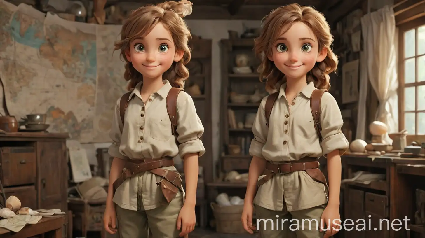  a young girl with bright, inquisitive eyes and a friendly smile. She wears simple yet practical clothing suitable for adventure—a light tunic, sturdy pants, and worn leather boots. Her hair is loosely tied back  standing  in a home cluttered with maps and seashells