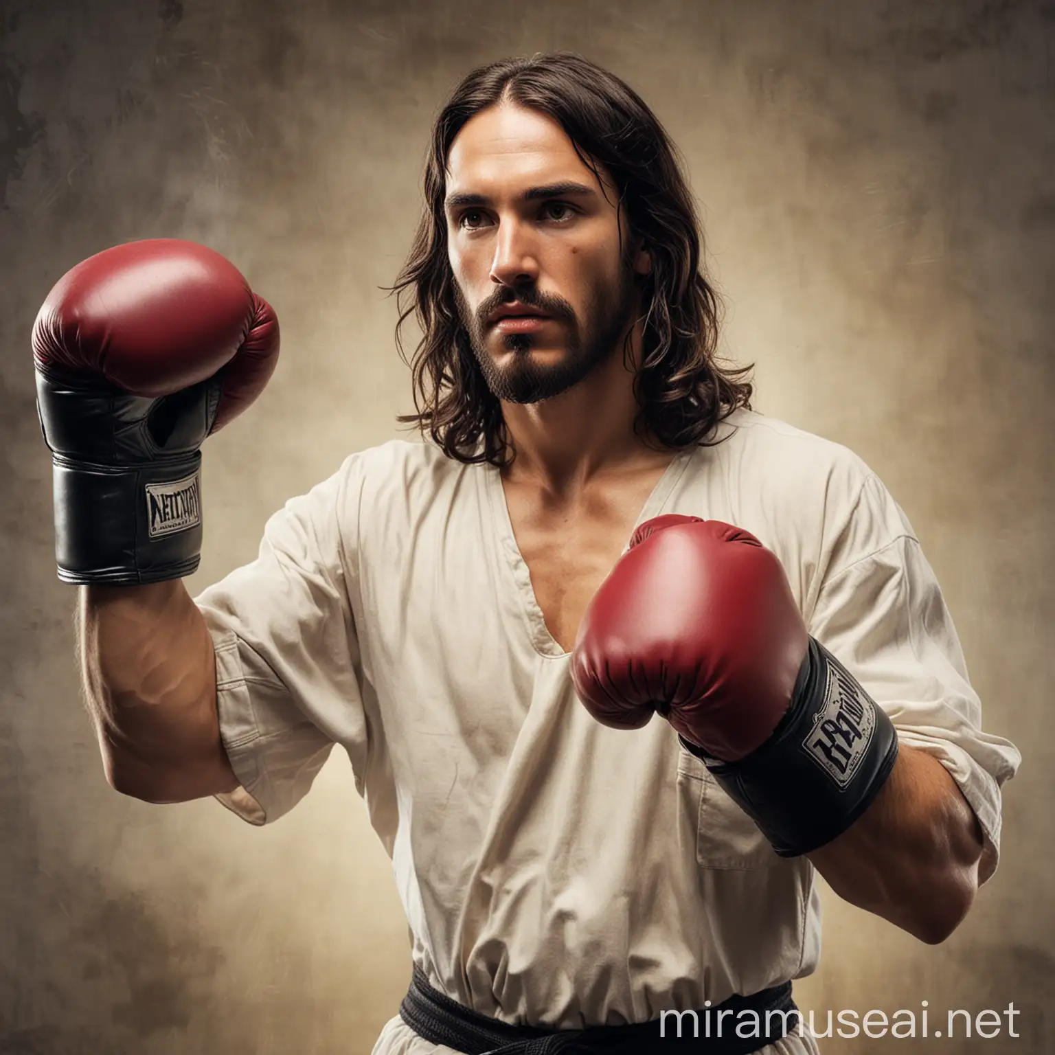 Religious Figure with Boxing Gloves Symbolic Representation of Strength and Faith