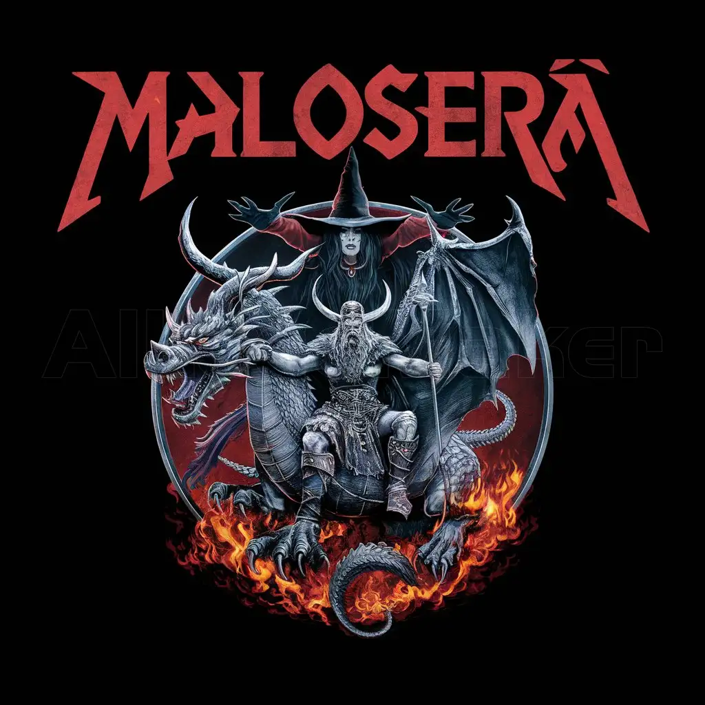 a logo design,with the text "MaloSerá", main symbol:Viking, dragon, witch, heavy metal,hell,complex,clear background