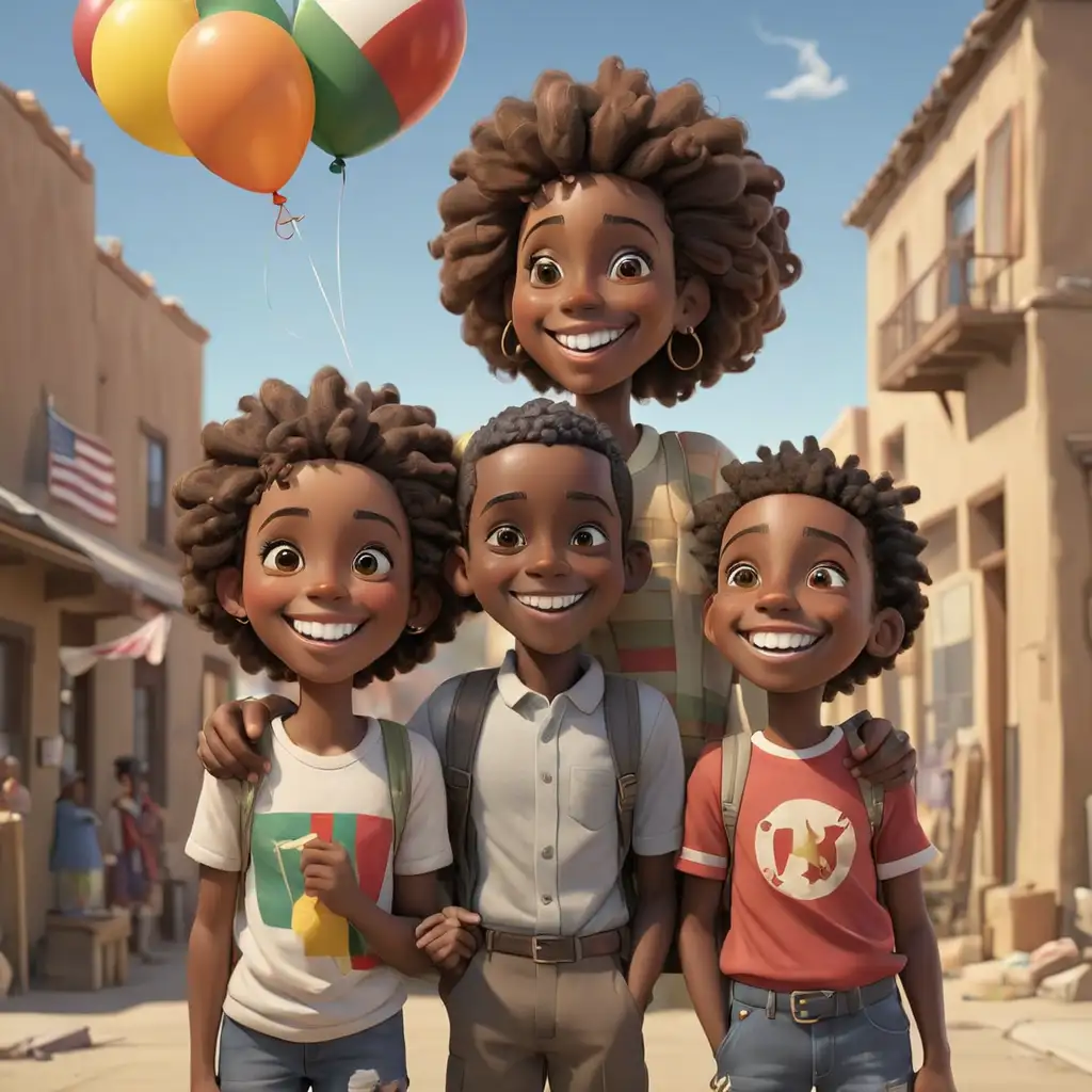detailed 3D cartoon-style african americans smiling with balloon and flag in new mexico 