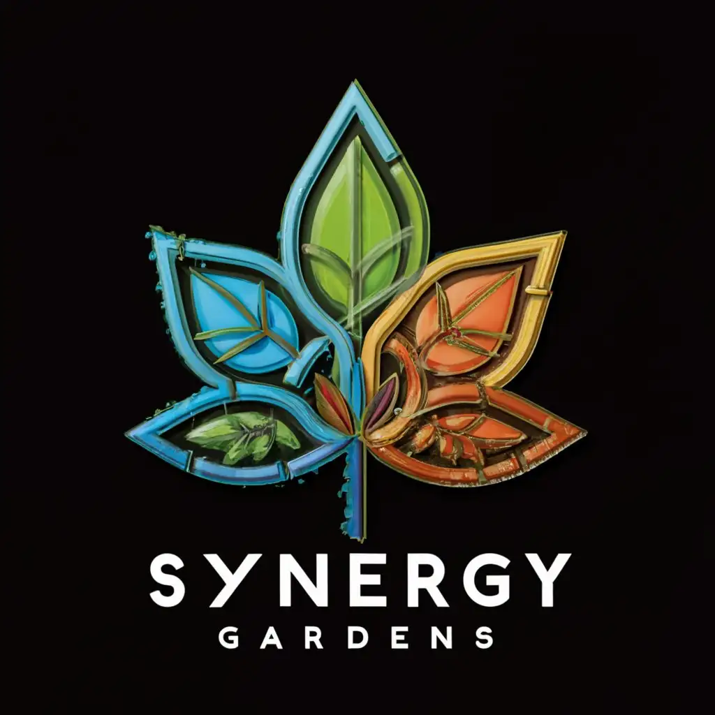 a logo design,with the text "Synergy gardens", main symbol:Cannabis leaf created with fire,earth,water,air. Black background,complex,clear background