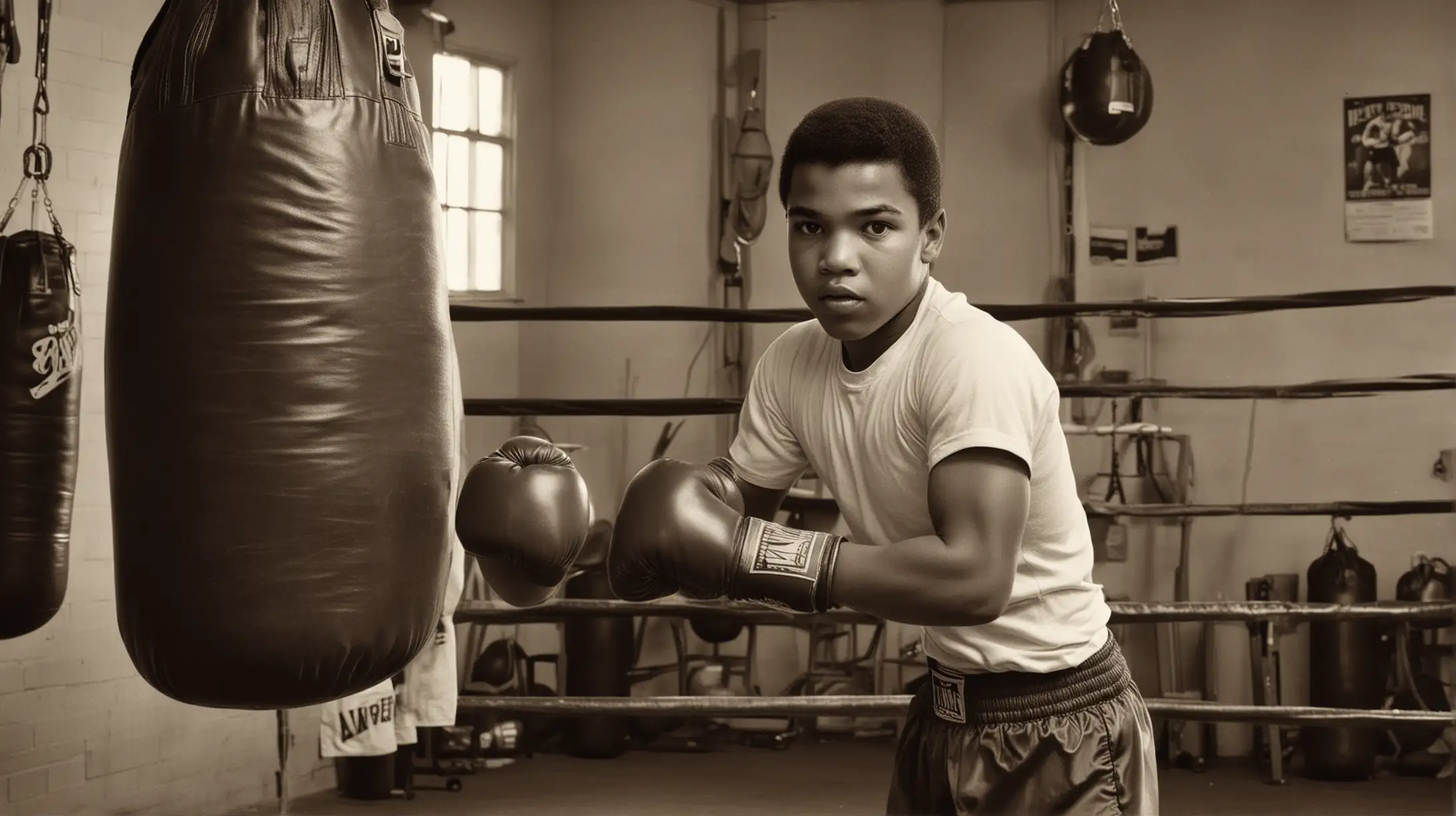 Visualization Prompt: Visualize Muhammad Ali's early boxing training at a local gym, showcasing his determination and youth.
Image Description: A young Muhammad Ali, around 12 years old, is seen in a dimly lit gym, his lean and athletic build evident as he punches a heavy bag. His eyes are focused and determined. An old trainer, resembling Joe Martin, watches from the side, offering guidance. The gym is filled with vintage boxing equipment, creating an authentic 1950s atmosphere.