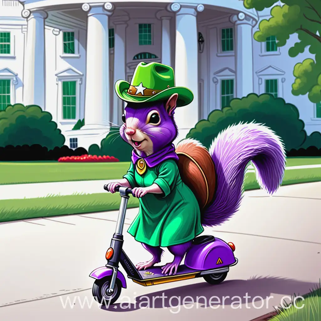 Draw a purple squirrel, crying and wearing a green cowboy hat and dress, riding a child's scooter to the White House
