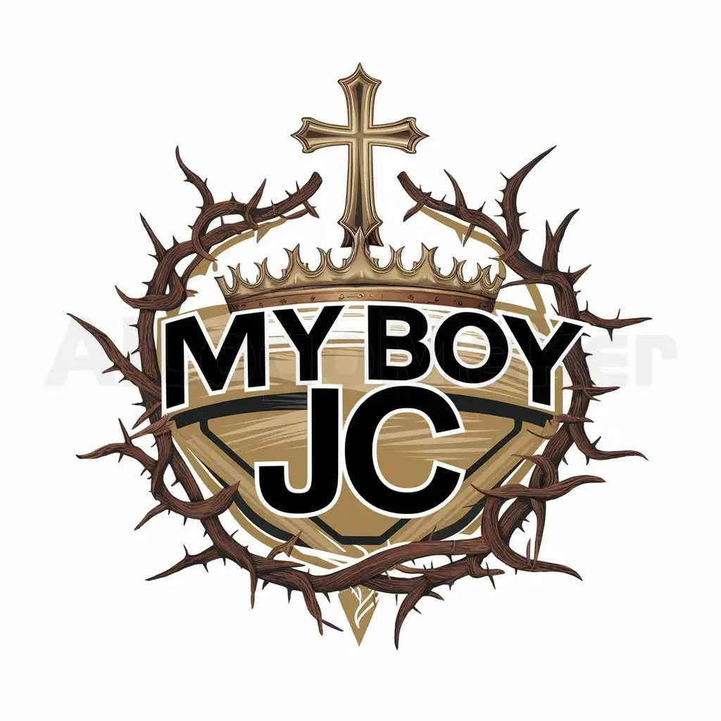 a logo design,with the text "My Boy JC", main symbol:thorns around camp crown, cross on top of crown in center,complex,clear background