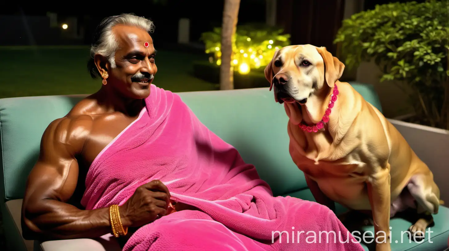 at night a 23 years indian muscular bodybuilder man is sitting with a 63 years  indian beautiful mature fat 
 pregnant woman  with high volume hair and makeup wearing earrings and gold ornaments   with open hair style   . both are wearing wet neon lemon pink bath towel and  they are sitting in a luxurious garden court yard on a luxurious colorful sofa ,and are happy and shaming. and Labrador Retriever
Dog breed is near them.  . a lot of sweet foods are on plate on a glass table ,  and a lots of lights are there. 
